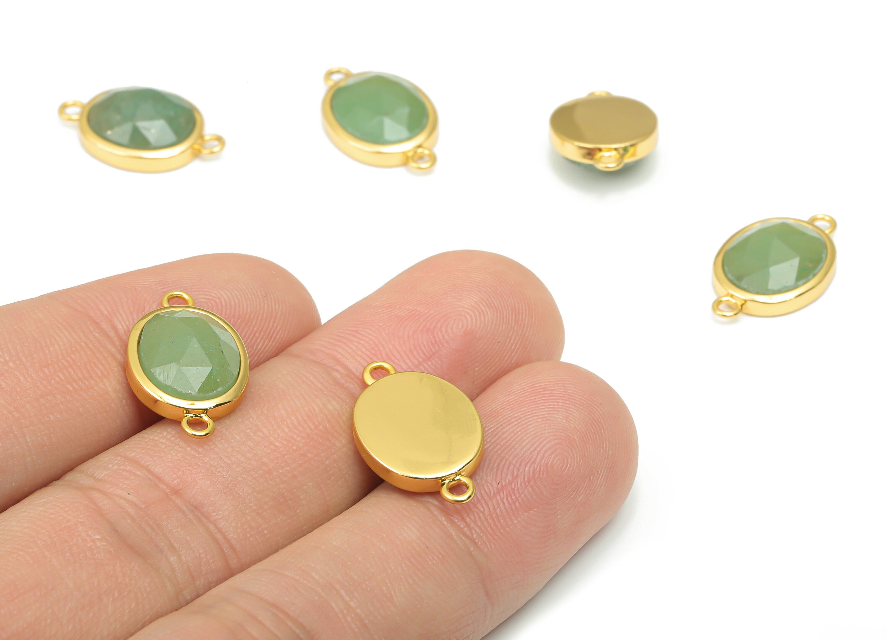 Aventurine Faceted Oval Earring Connectors - 10x12mm Natural Stone - Brass Oval Charms - Gold Tone Plated Brass – 18.15x10.95x4.7mm– NS1671G - DOMEDBAZAAR