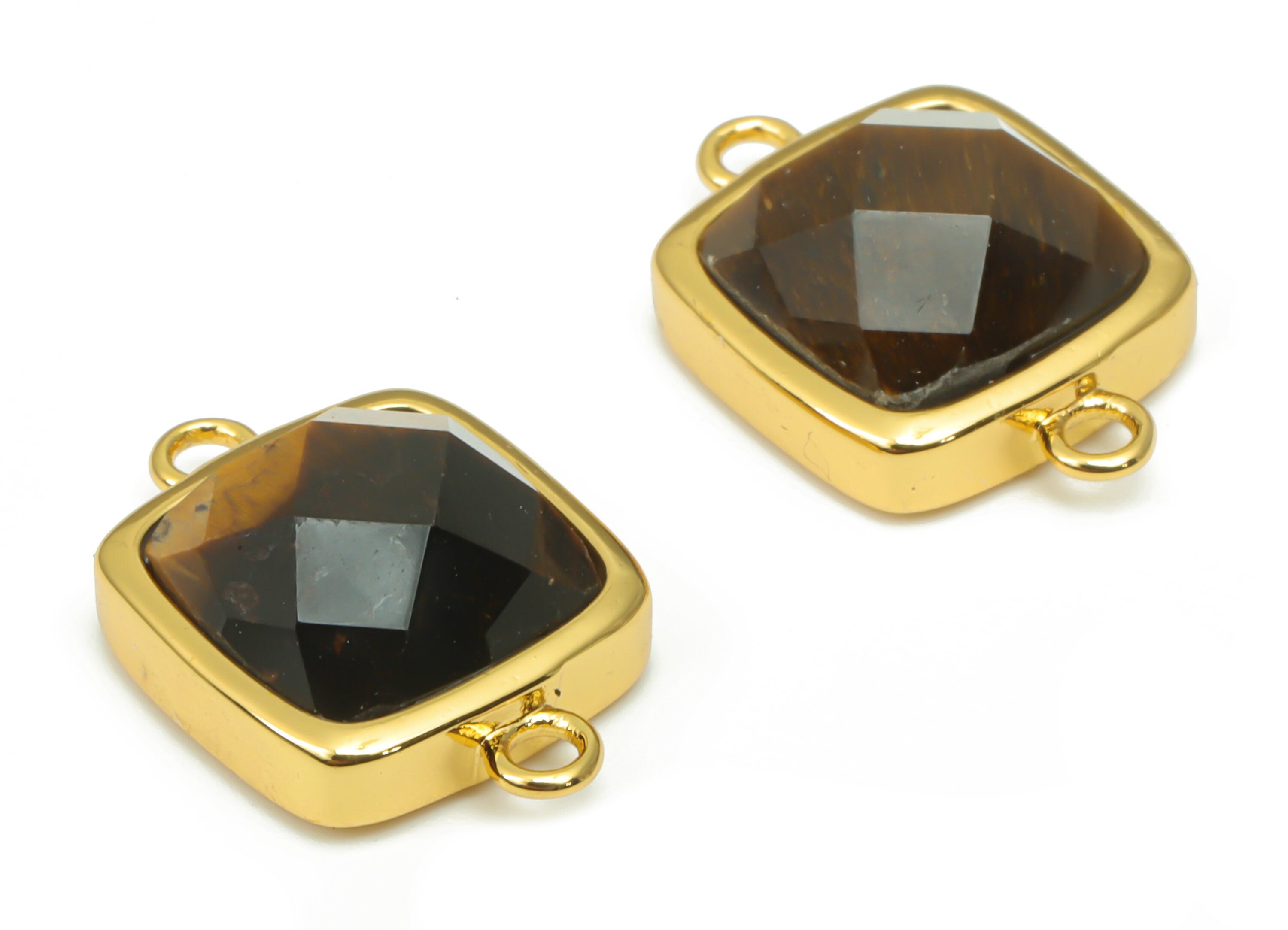 Tiger's-eye Faceted Square Earring Connectors - 11mm Natural Stone - Brass Square Charms - Gold Tone Plated Brass – 16.5x11.4x5.9mm– NS1673F - DOMEDBAZAAR