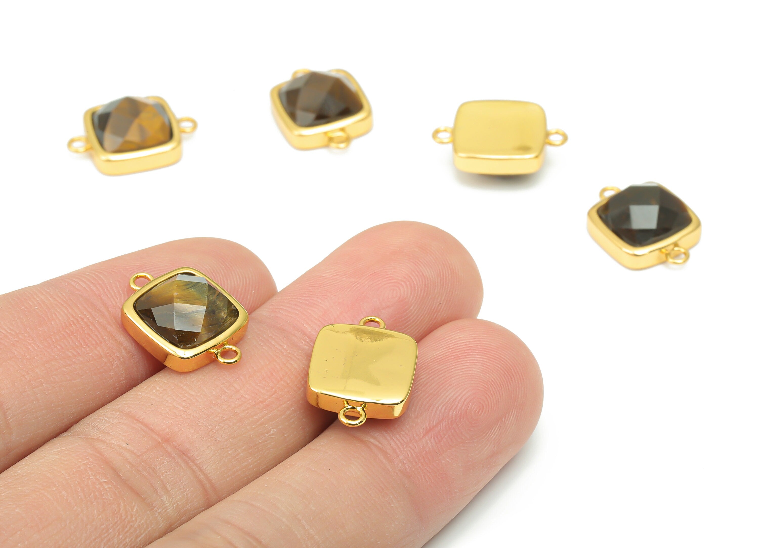 Tiger's-eye Faceted Square Earring Connectors - 11mm Natural Stone - Brass Square Charms - Gold Tone Plated Brass – 16.5x11.4x5.9mm– NS1673F - DOMEDBAZAAR
