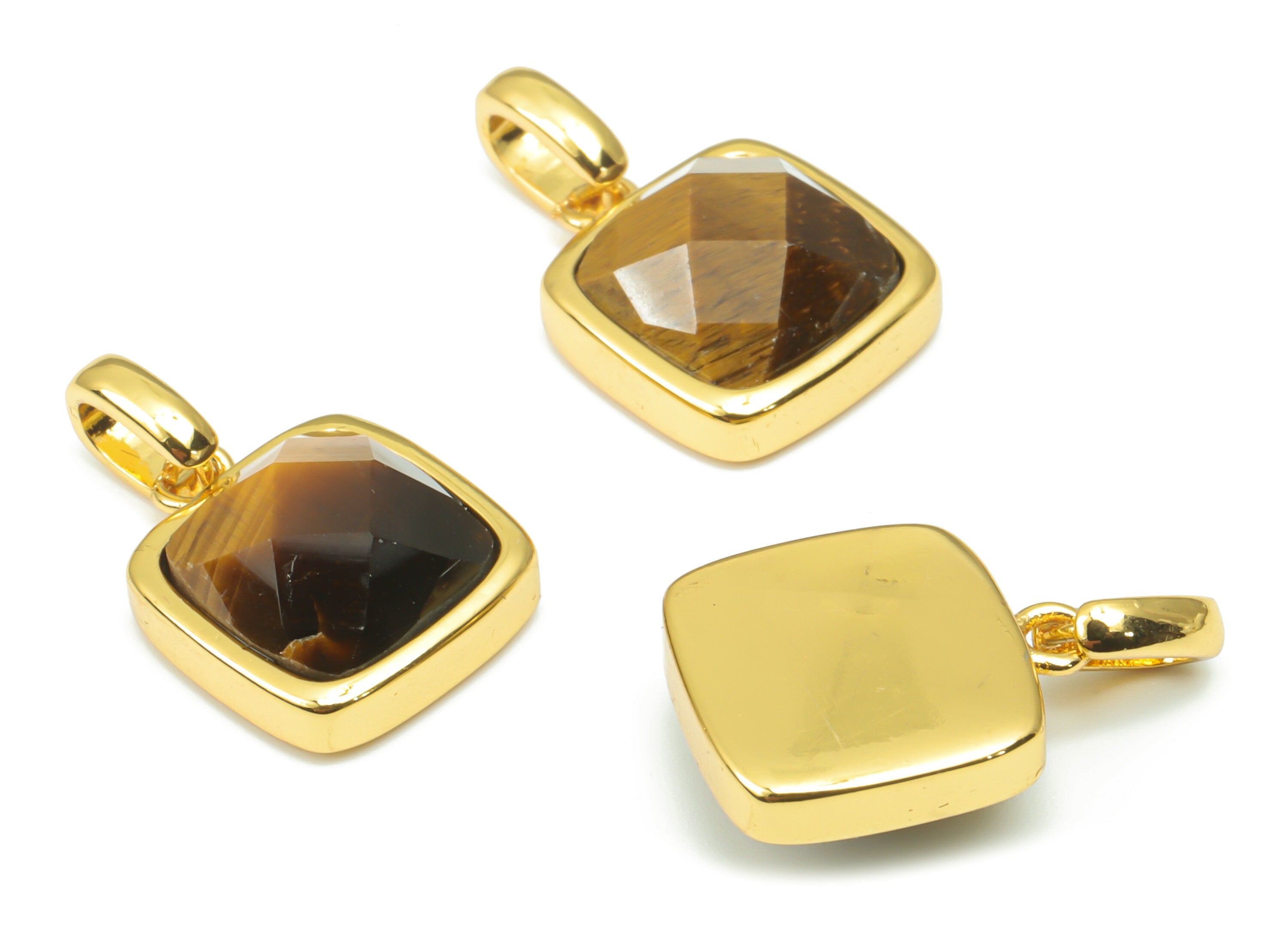 Tiger's-eye Faceted Square Earring Charms - 11mm Natural Stone - Brass Square Pendant - Gold Tone Plated Brass – 18.84x11.65x5.8mm – NS1672F - DOMEDBAZAAR