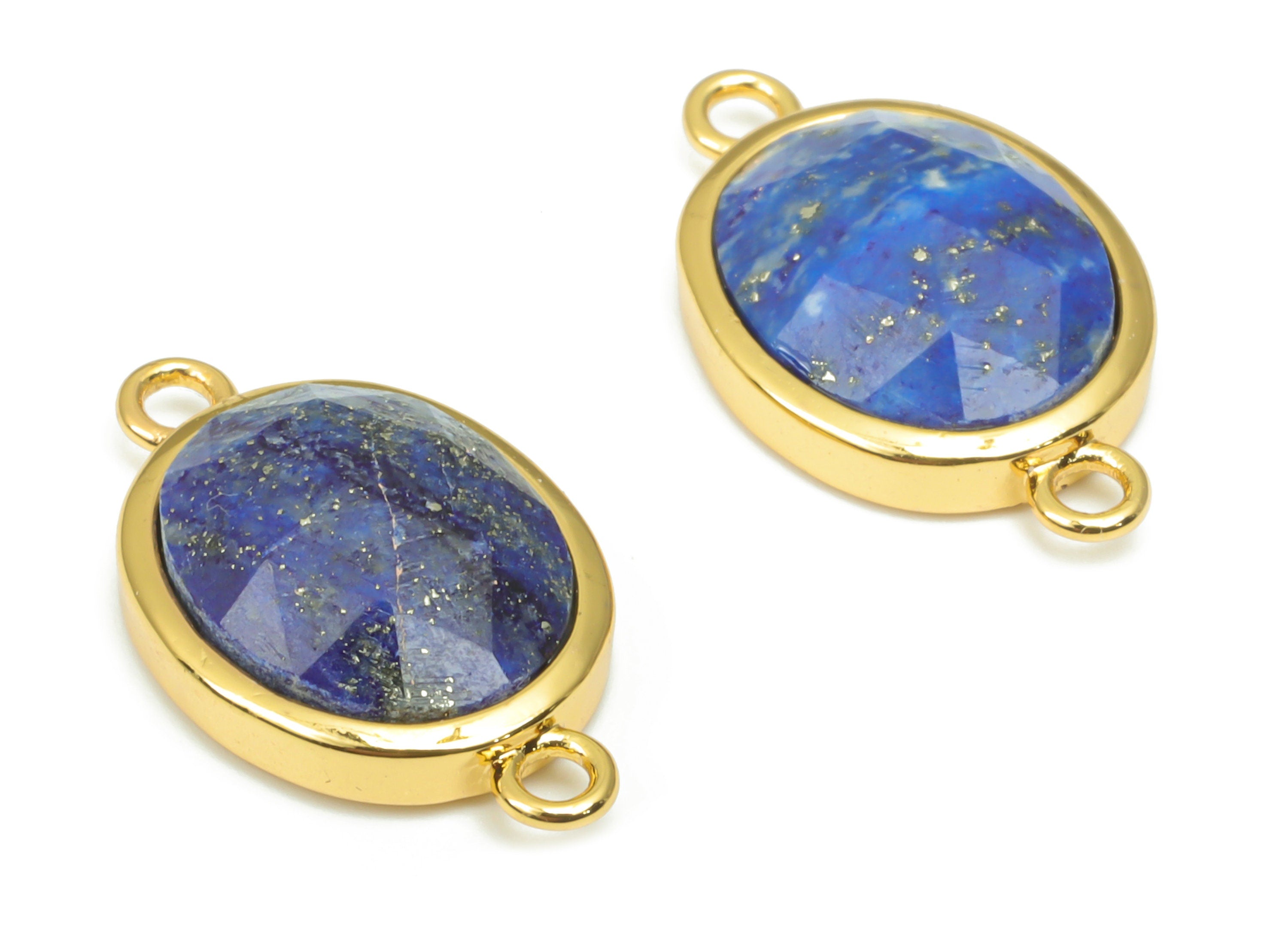 Lapis Lazuli Faceted Oval Connectors - 10x12mm Natural Stone - Brass Oval Charms - Gold Tone Plated Brass – 18.15x10.95x4.7mm – NS1671A - DOMEDBAZAAR