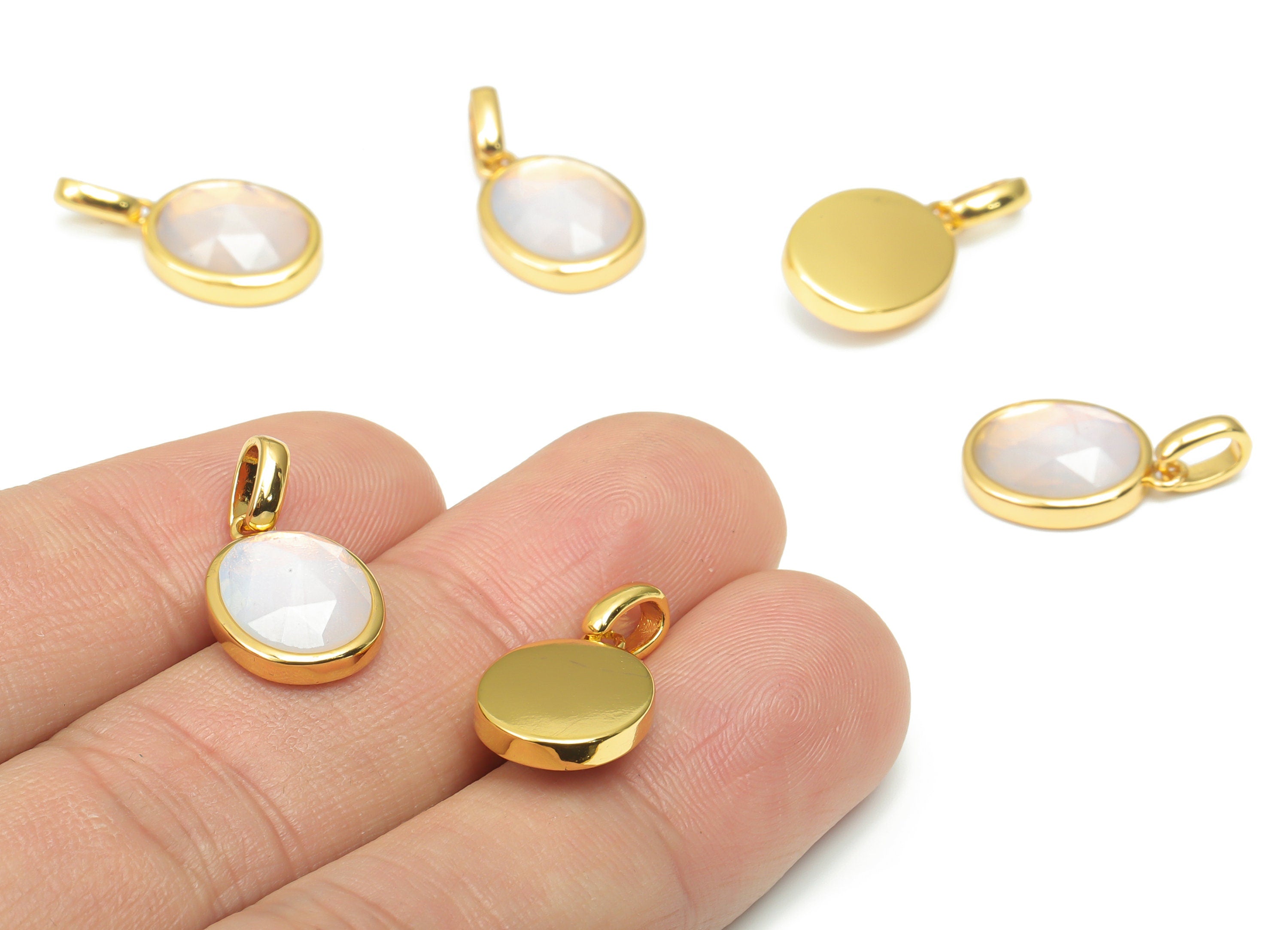 Opalite Faceted Oval Charms With Loop - 10x12mm Natural Stone - Brass Oval Pendant - Gold Tone Plated Brass – 20.3x10.9x4.9mm – NS1670E - DOMEDBAZAAR