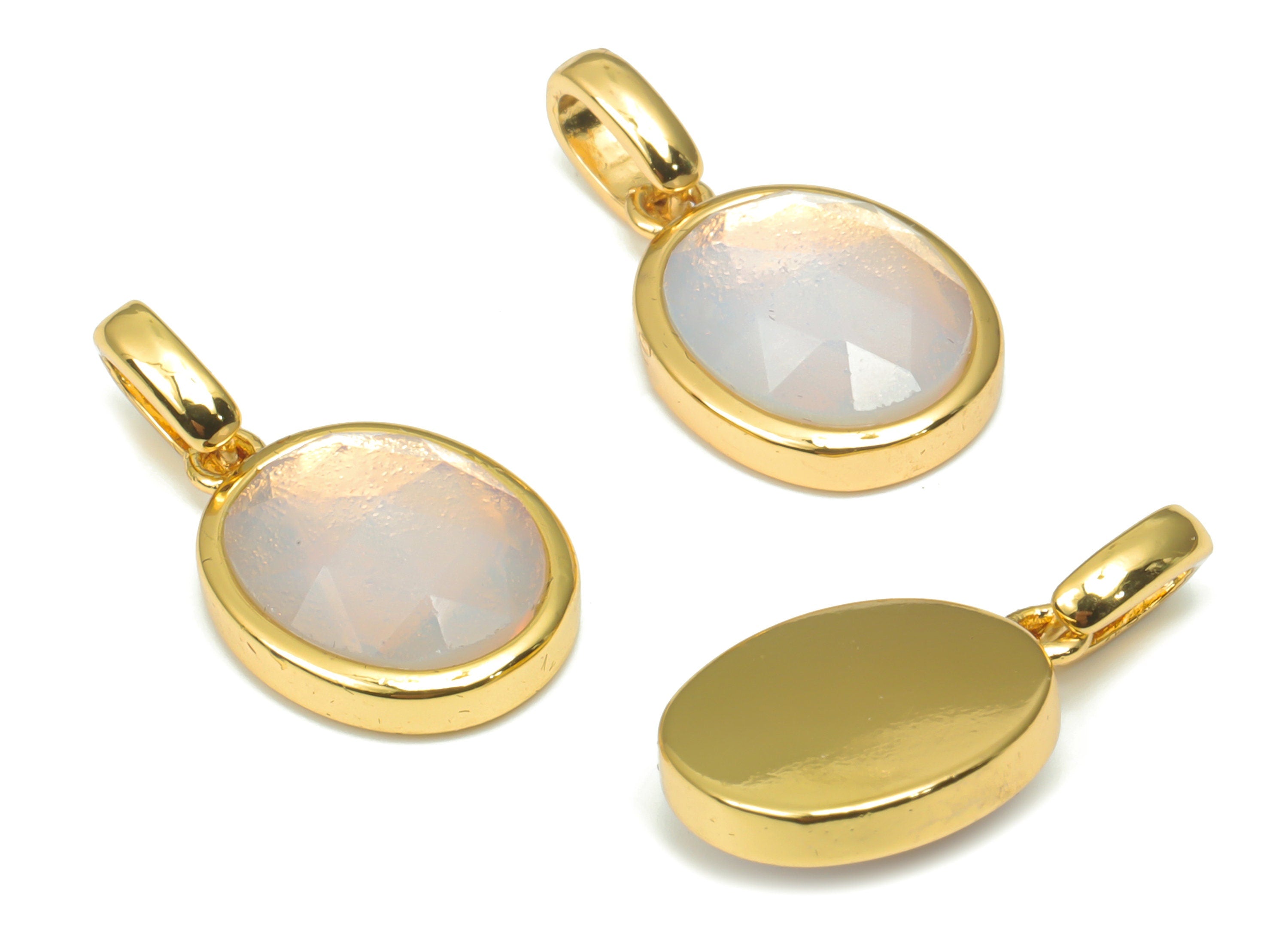 Opalite Faceted Oval Charms With Loop - 10x12mm Natural Stone - Brass Oval Pendant - Gold Tone Plated Brass – 20.3x10.9x4.9mm – NS1670E - DOMEDBAZAAR