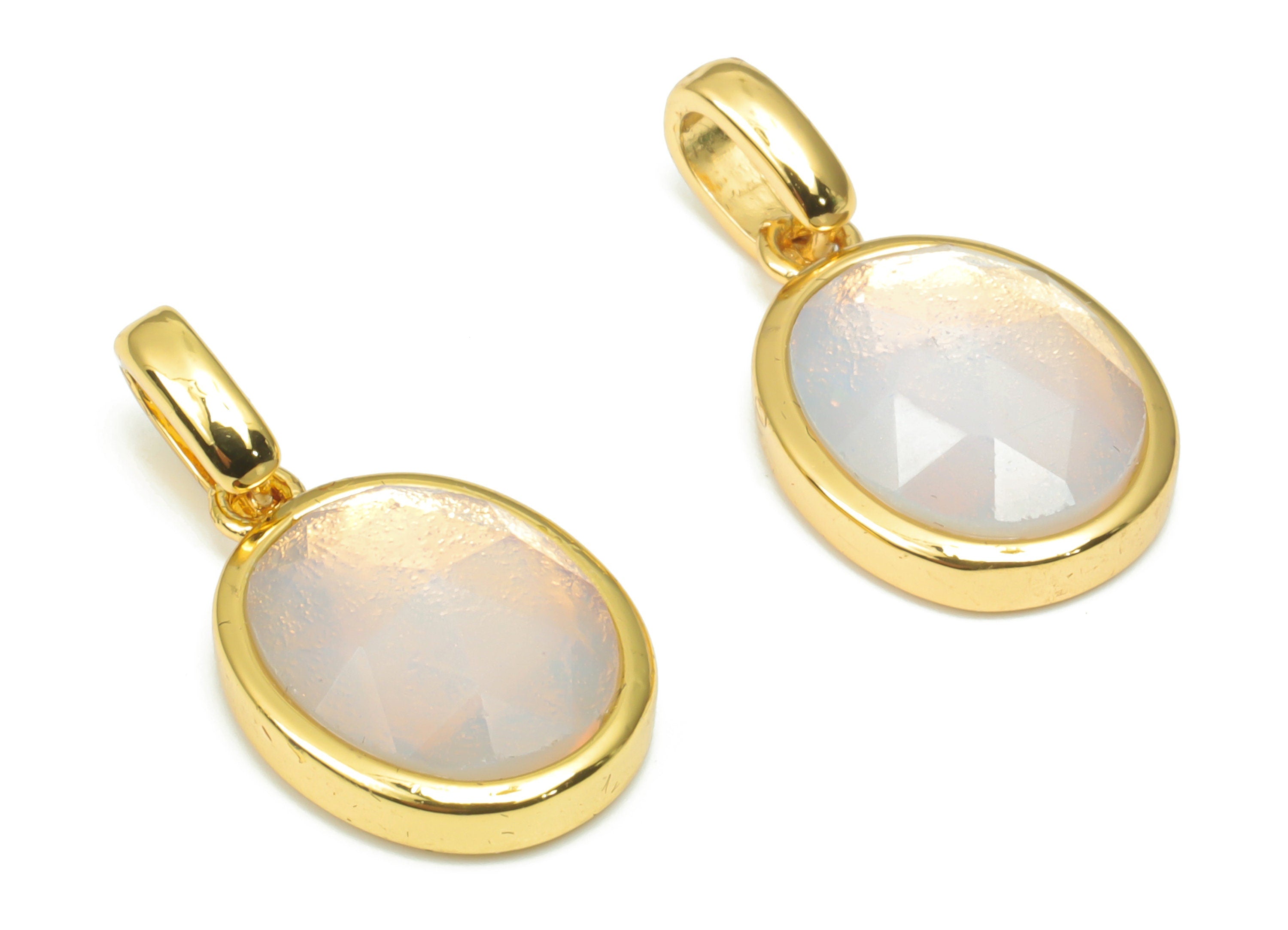 Opalite Faceted Oval Charms With Loop - 10x12mm Natural Stone - Brass Oval Pendant - Gold Tone Plated Brass – 20.3x10.9x4.9mm – NS1670E - DOMEDBAZAAR
