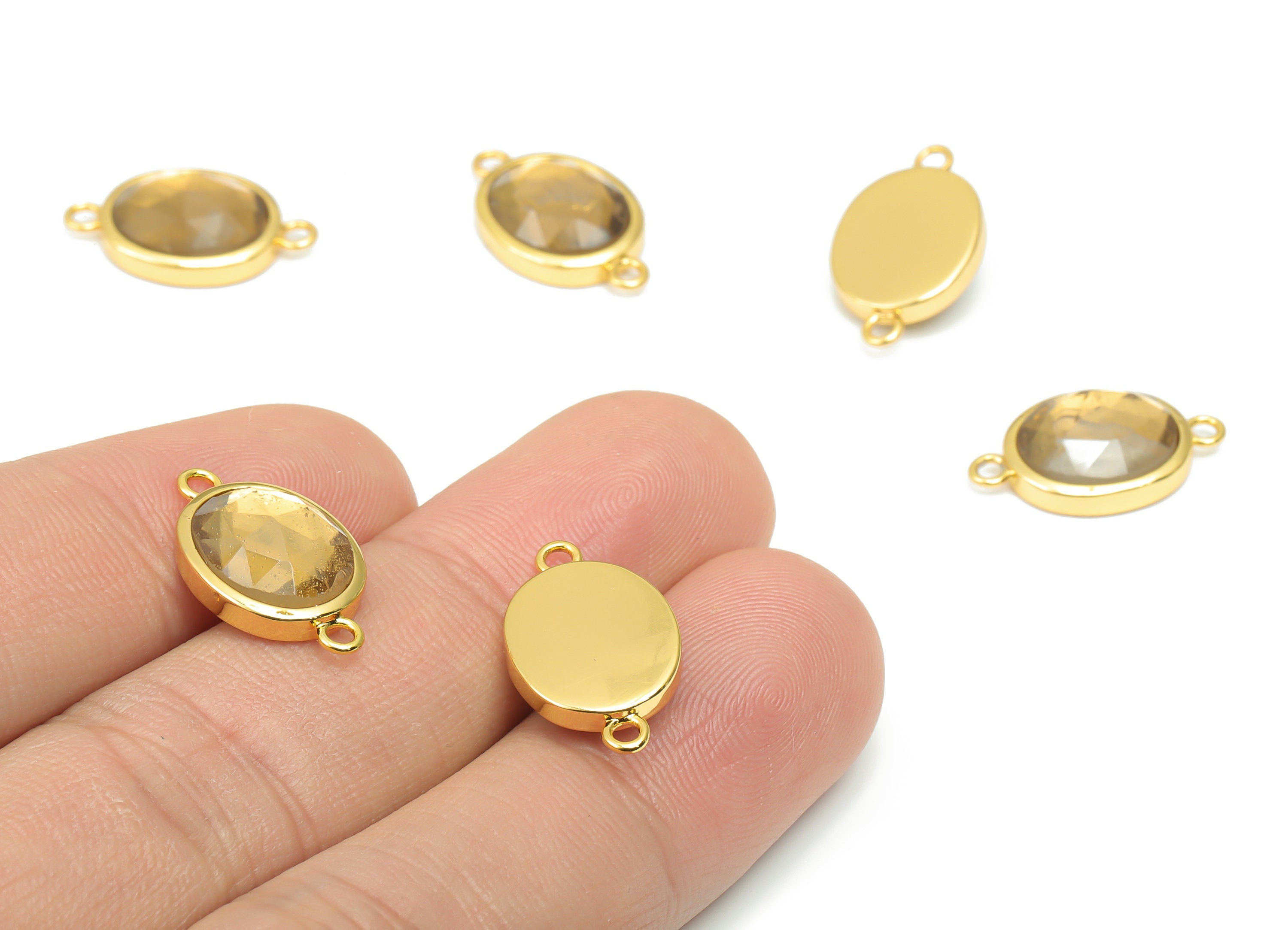 Smoky Quartz Faceted Oval Connectors - 10x12mm Natural Stone - Brass Oval Charms - Gold Tone Plated Brass – 18.15x10.95x4.7mm – NS1671H - DOMEDBAZAAR
