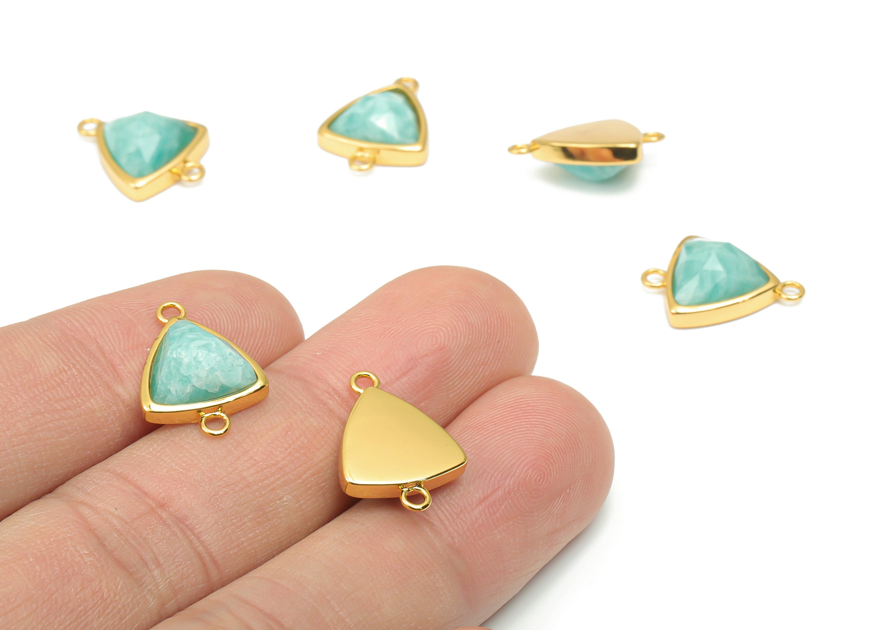 Amazonite Faceted Triangle Connector - 11mm Natural Stone - Brass Triangle Charms - Gold Tone Plated Brass – 16.9x12.3x5.7mm – NS1669J - DOMEDBAZAAR