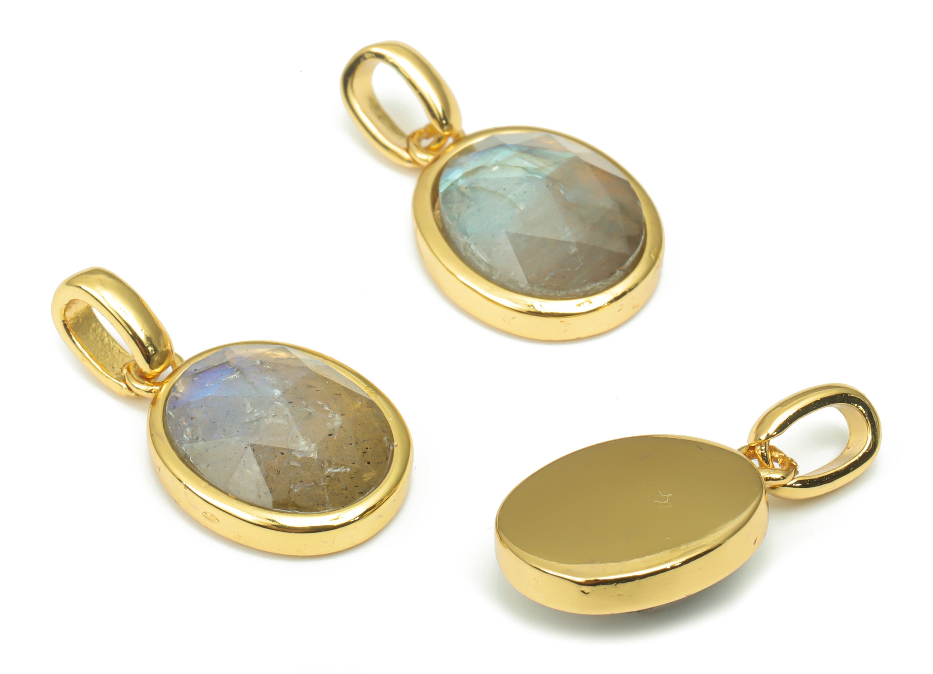 Labradorite Faceted Oval Charms With Loop - 10x12mm Natural Stone - Brass Oval Pendant - Gold Tone Plated Brass – 20.33x10.9x4.9mm – NS1670L - DOMEDBAZAAR