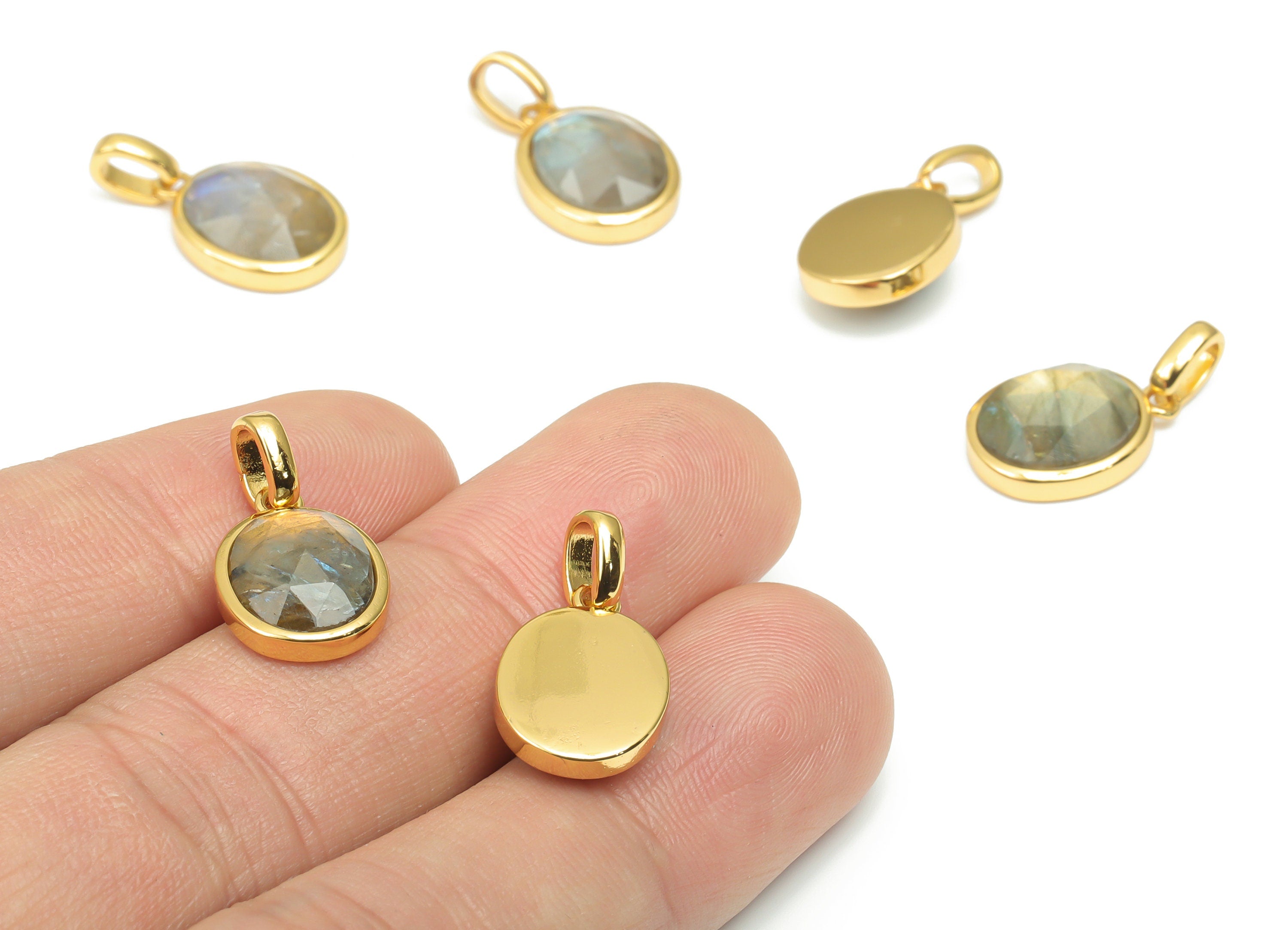 Labradorite Faceted Oval Charms With Loop - 10x12mm Natural Stone - Brass Oval Pendant - Gold Tone Plated Brass – 20.33x10.9x4.9mm – NS1670L - DOMEDBAZAAR