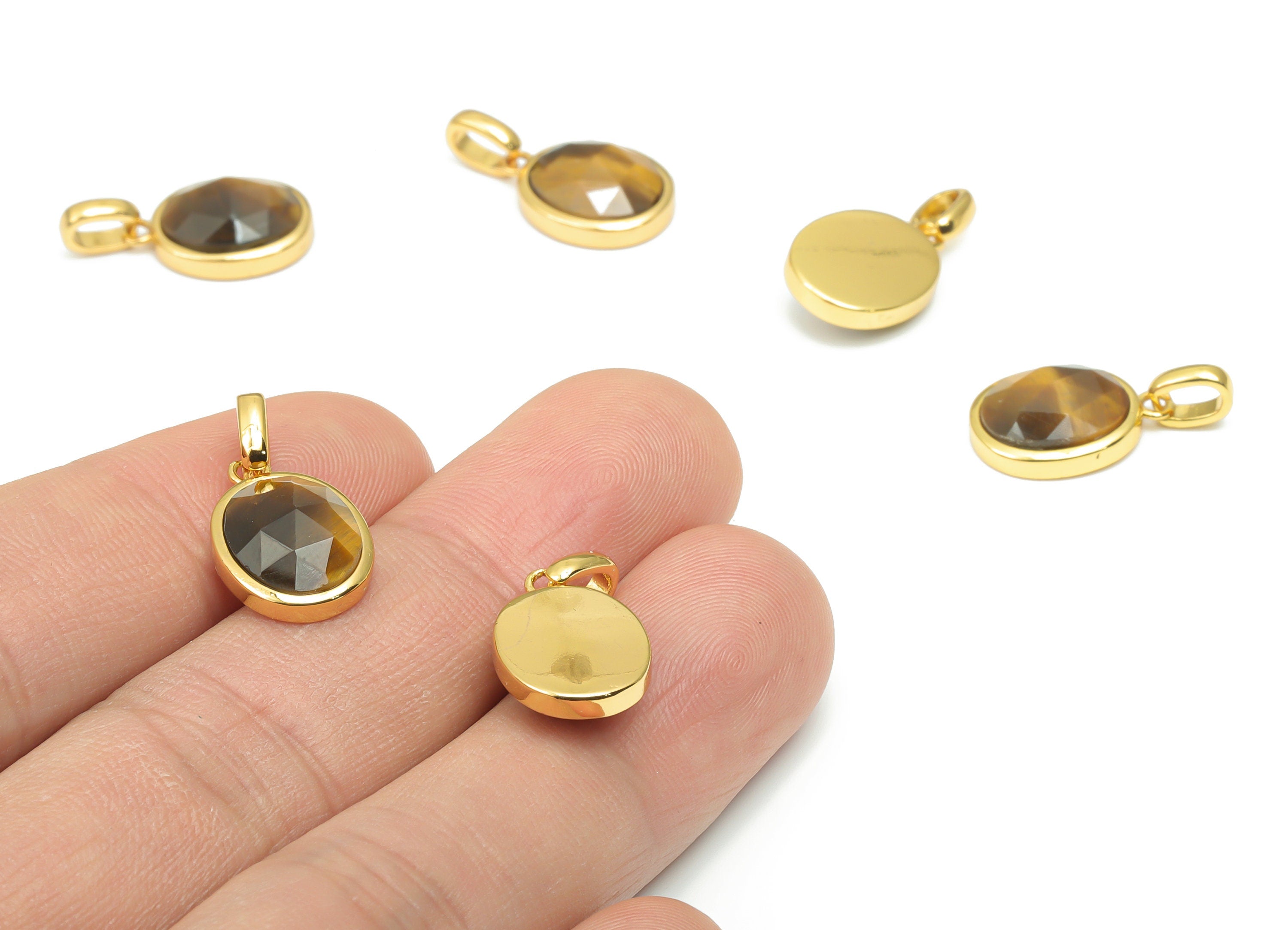 Tiger's-eye Faceted Oval Charms With Loop - 10x12mm Natural Stone - Brass Oval Pendant - Gold Tone Plated Brass – 20.33x10.9x4.9mm – NS1670F - DOMEDBAZAAR