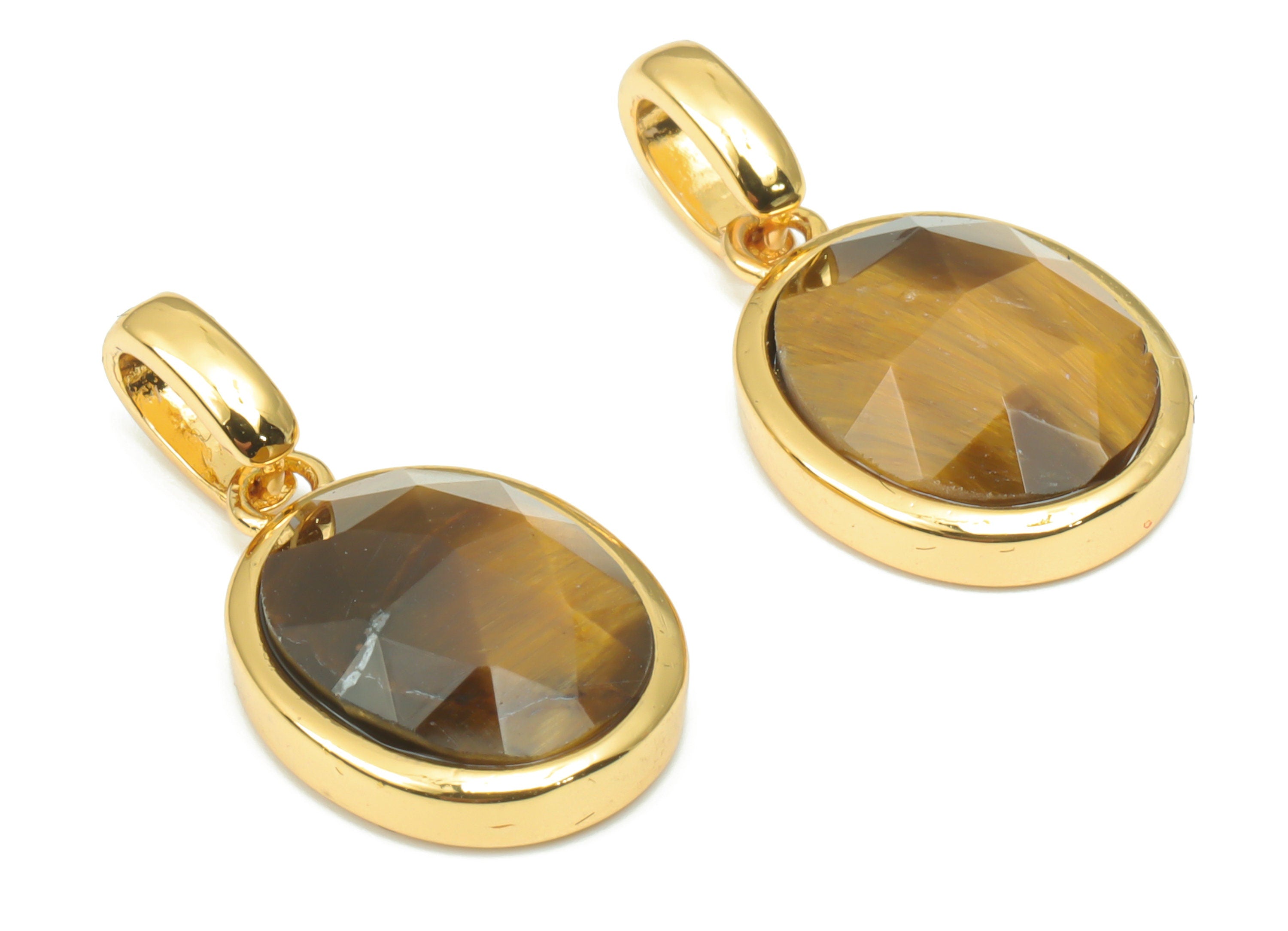 Tiger's-eye Faceted Oval Charms With Loop - 10x12mm Natural Stone - Brass Oval Pendant - Gold Tone Plated Brass – 20.33x10.9x4.9mm – NS1670F - DOMEDBAZAAR