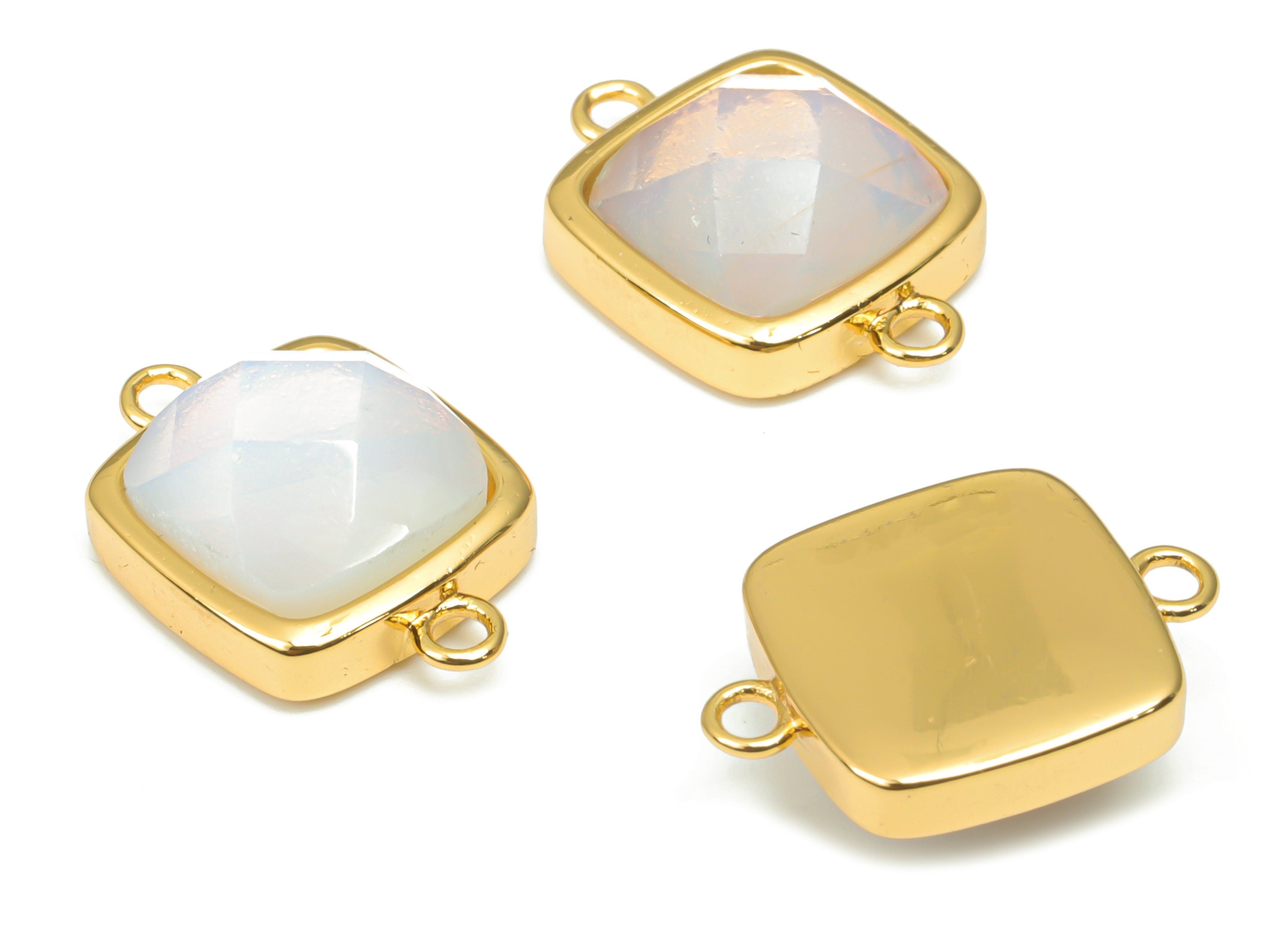 Opalite Faceted Square Earring Connectors - 11mm Natural Stone - Brass Square Charms - Gold Tone Plated Brass – 16.5x11.4x5.9mm – NS1673E - DOMEDBAZAAR