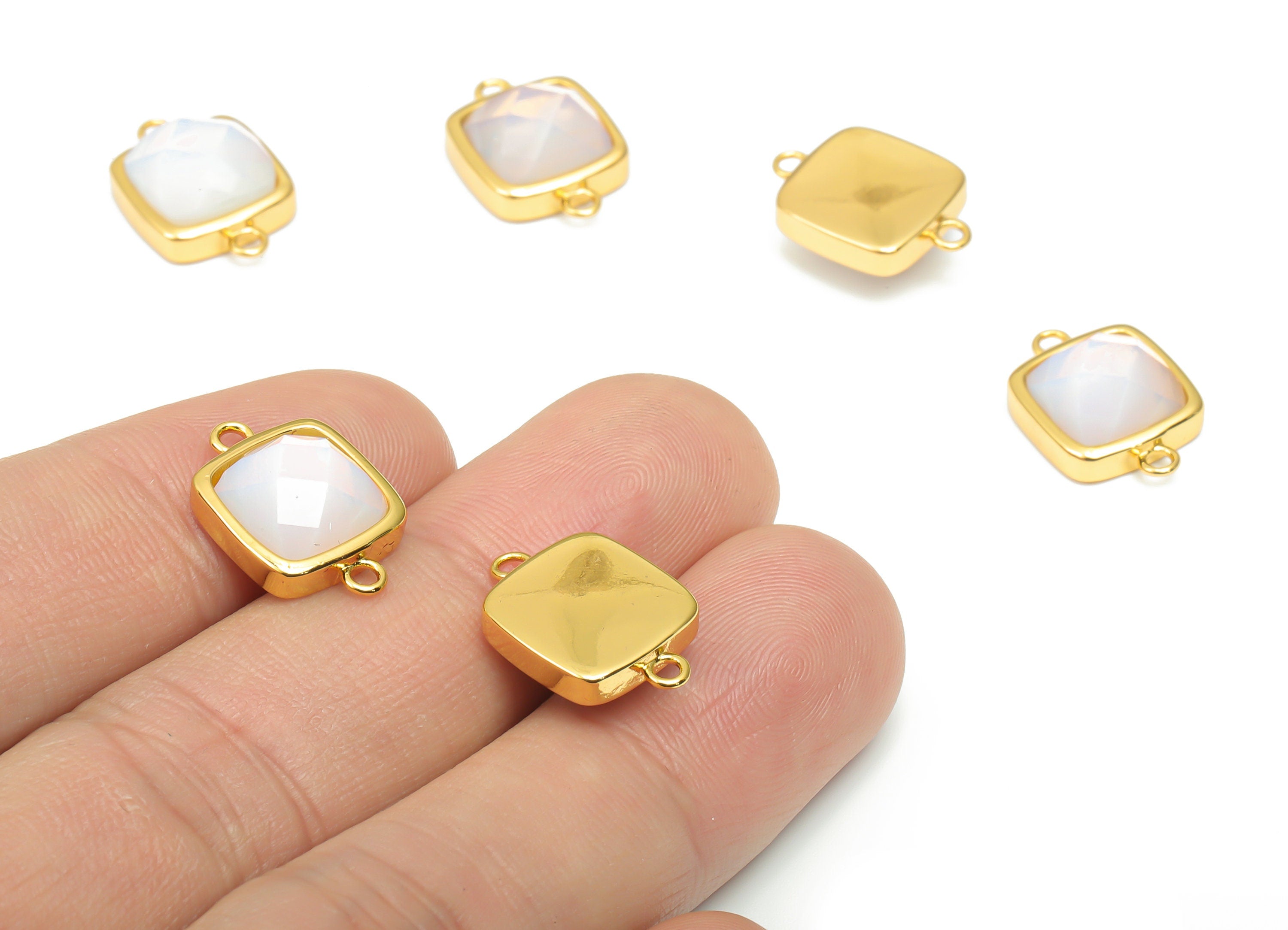 Opalite Faceted Square Earring Connectors - 11mm Natural Stone - Brass Square Charms - Gold Tone Plated Brass – 16.5x11.4x5.9mm – NS1673E - DOMEDBAZAAR