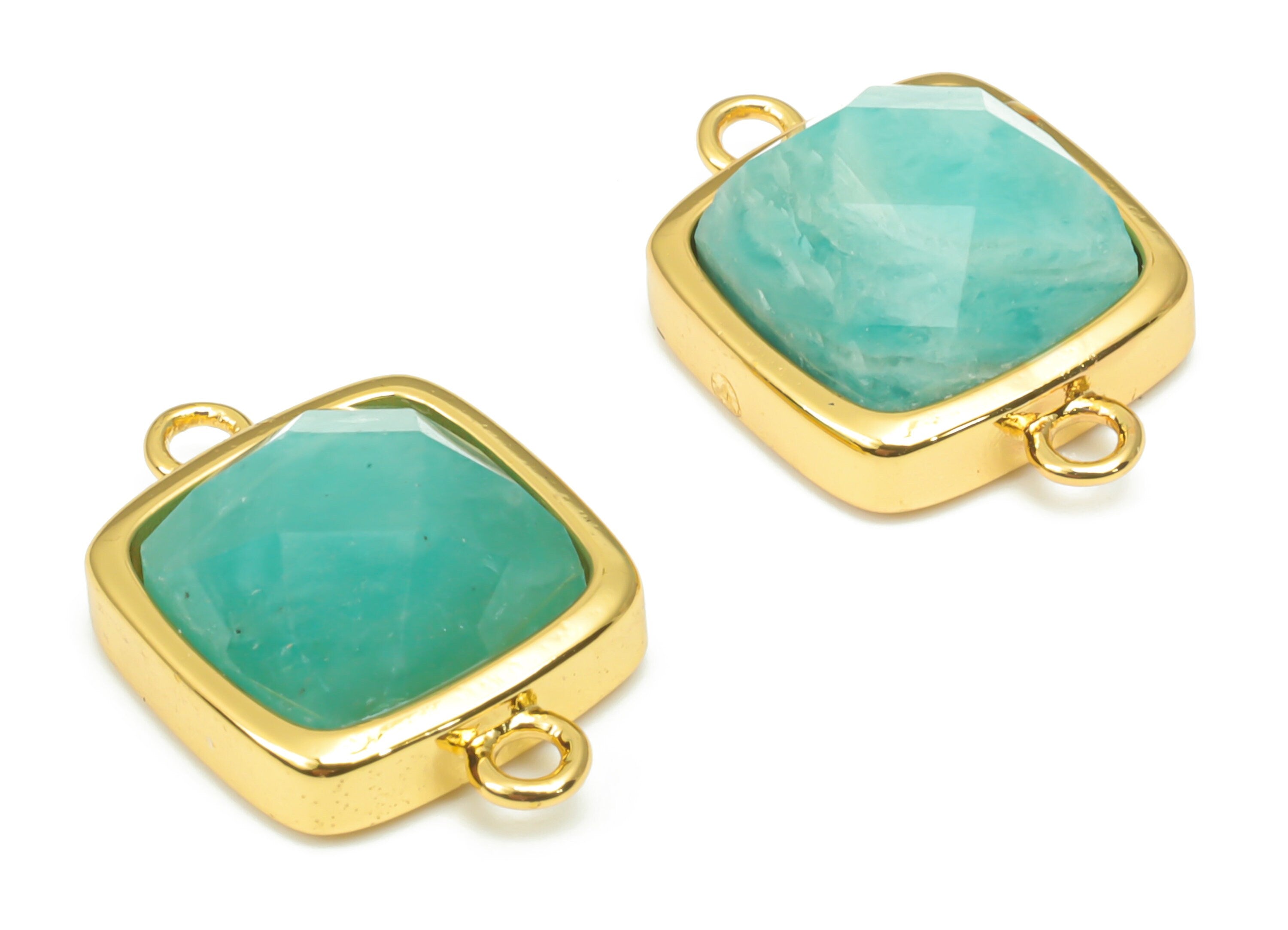 Amazonite Faceted Square Earring Connectors - 11mm Natural Stone - Brass Square Charms - Gold Tone Plated Brass – 16.5x11.44x5.9mm – NS1673J - DOMEDBAZAAR