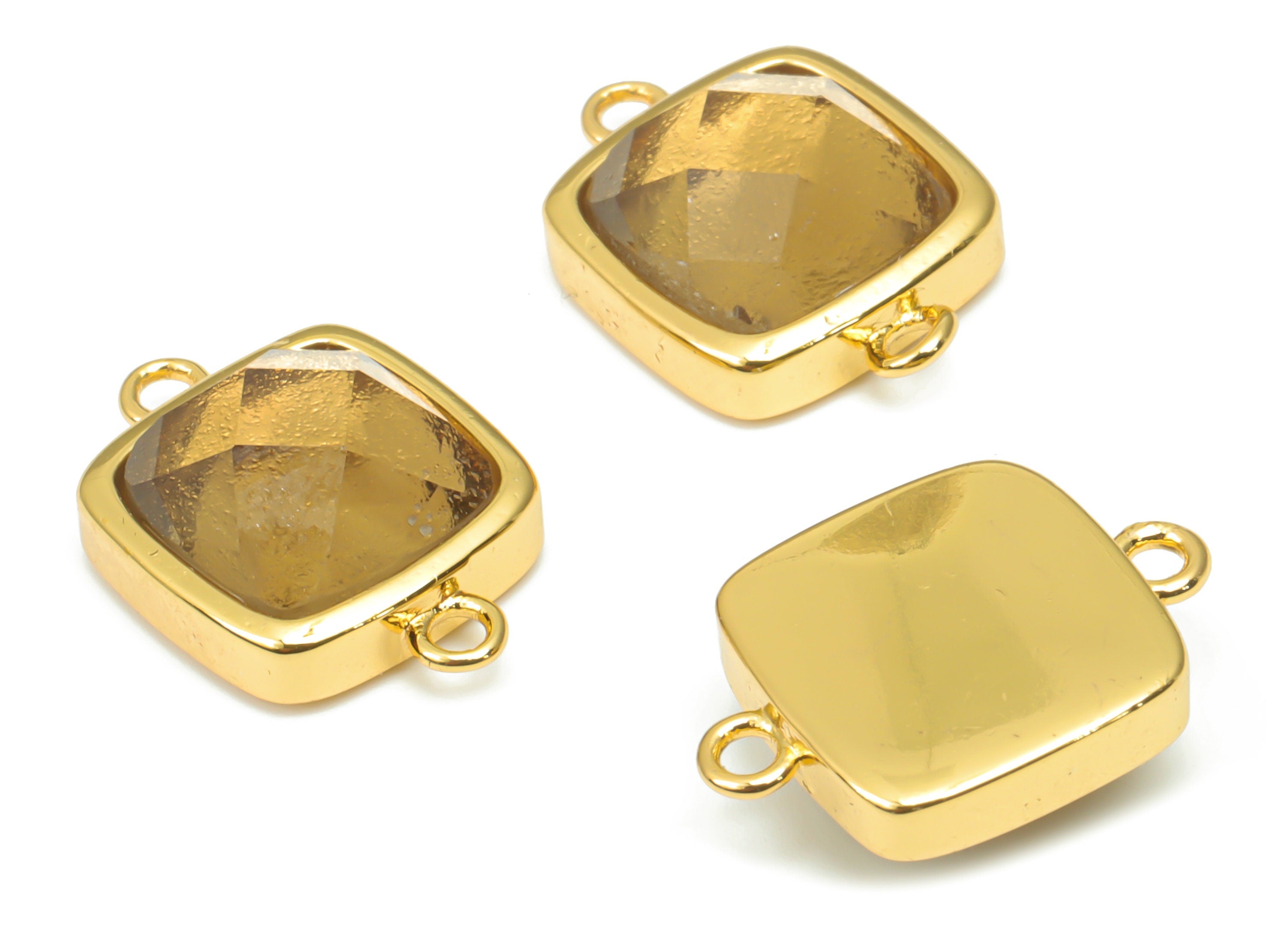 Smoky Quartz Faceted Square Earring Connectors - 11mm Natural Stone - Brass Square Charms - Gold Tone Plated Brass – 16.5x11.4x5.9mm–NS1673H - DOMEDBAZAAR