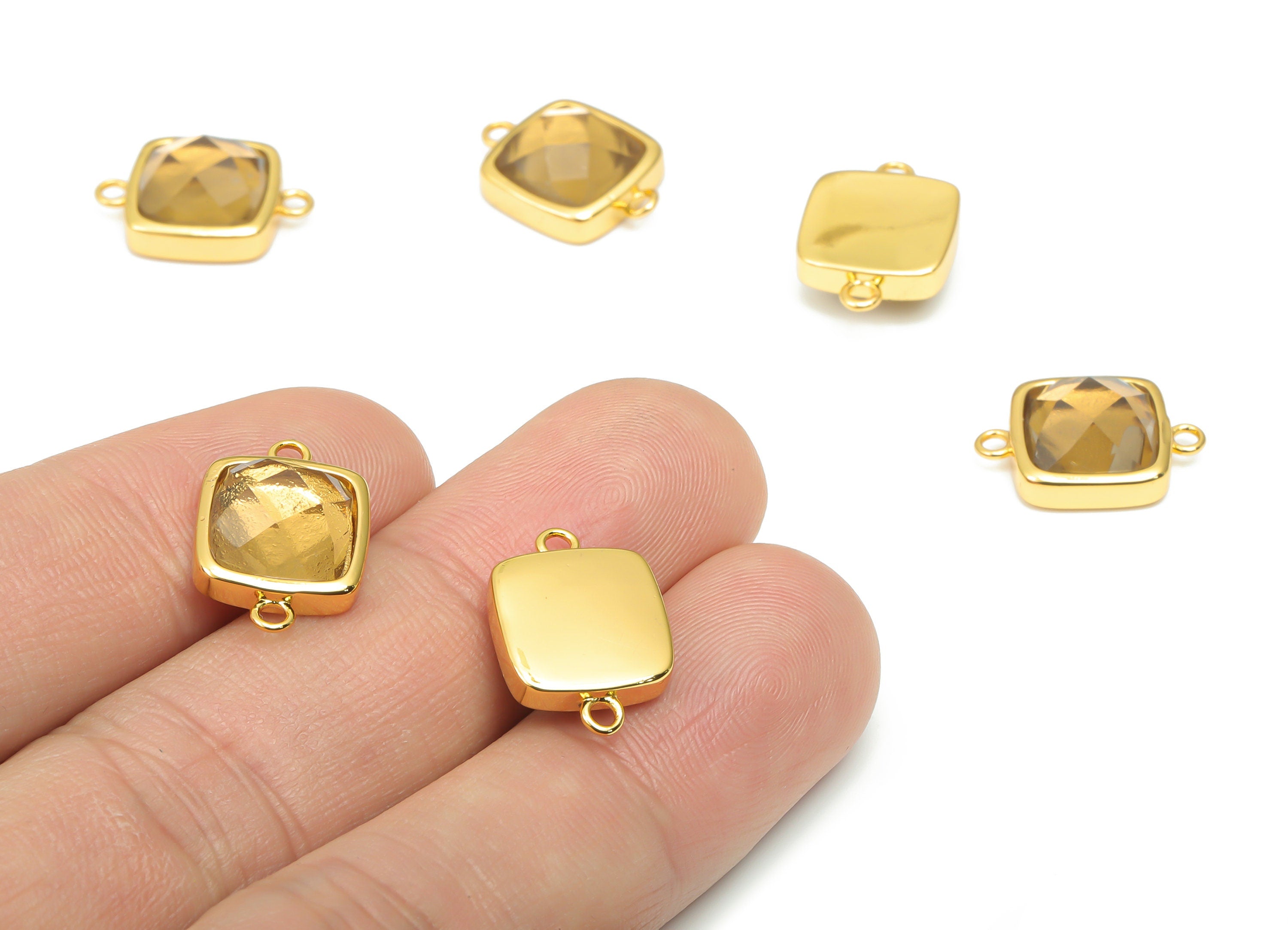 Smoky Quartz Faceted Square Earring Connectors - 11mm Natural Stone - Brass Square Charms - Gold Tone Plated Brass – 16.5x11.4x5.9mm–NS1673H - DOMEDBAZAAR