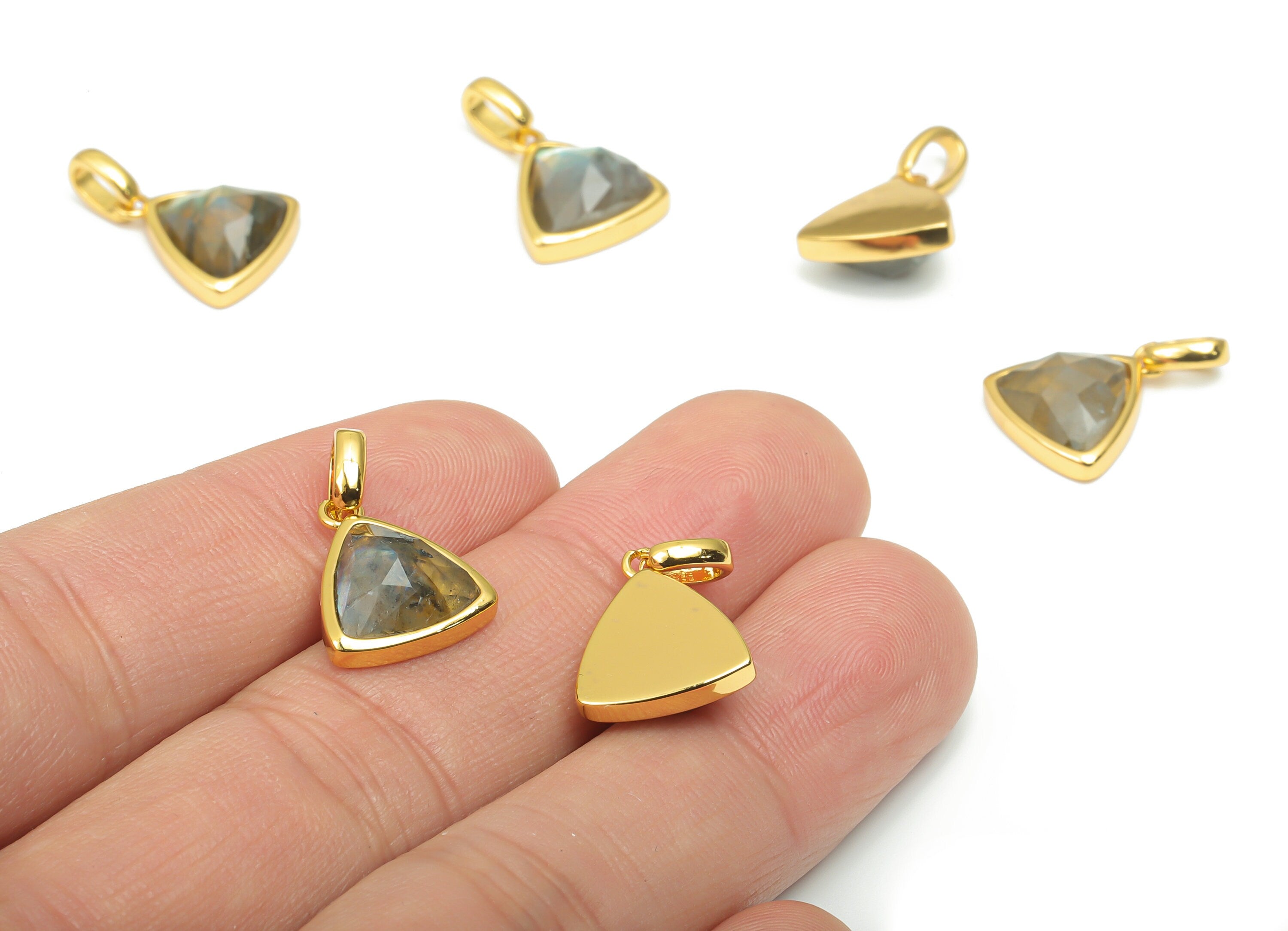 Labradorite Faceted Triangle Charms With Loop - 11mm Natural Stone - Brass Triangle Pendant - Gold Tone Plated Brass – 19.48x12x6mm– NS1668L - DOMEDBAZAAR