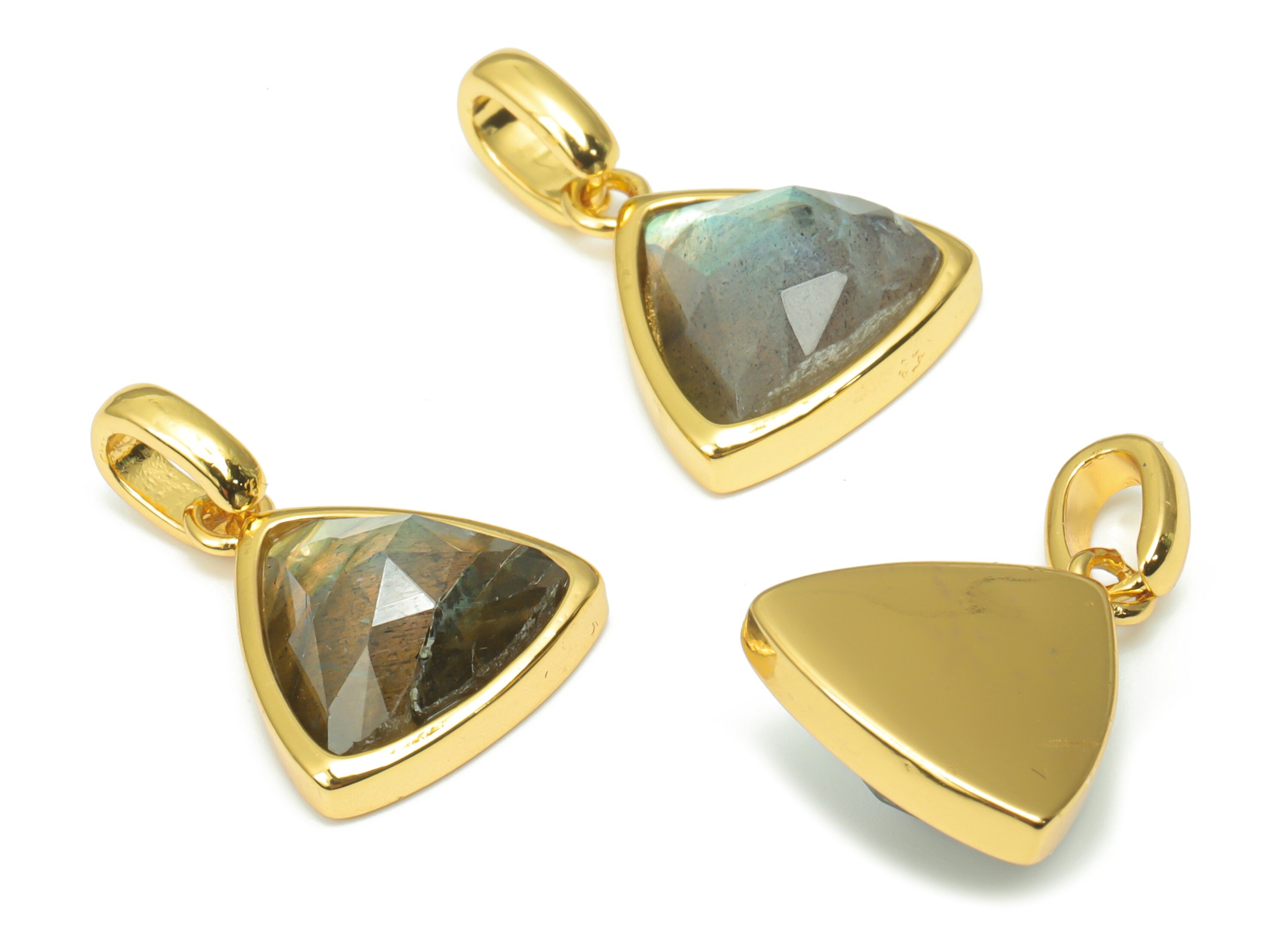 Labradorite Faceted Triangle Charms With Loop - 11mm Natural Stone - Brass Triangle Pendant - Gold Tone Plated Brass – 19.48x12x6mm– NS1668L - DOMEDBAZAAR