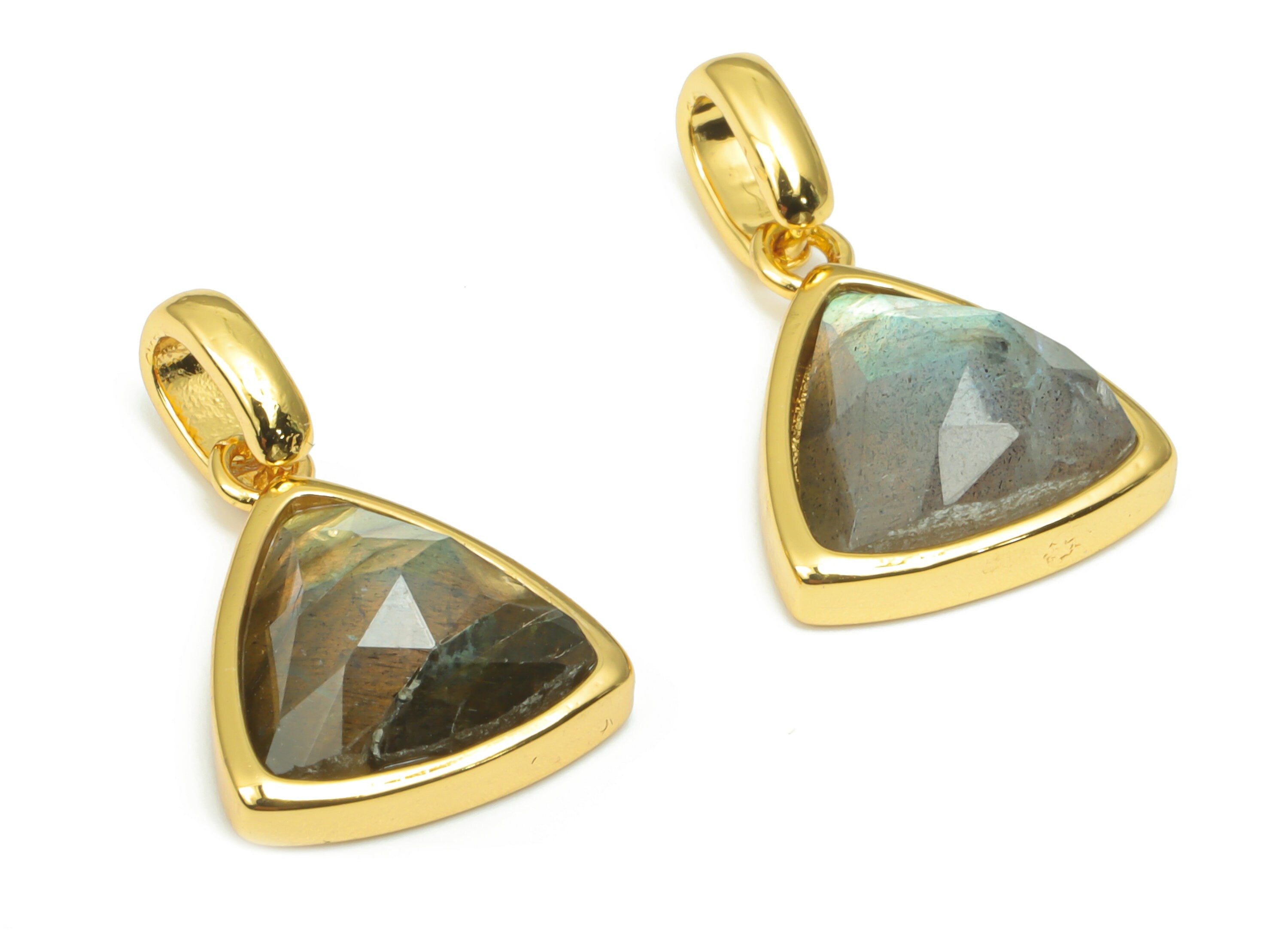 Labradorite Faceted Triangle Charms With Loop - 11mm Natural Stone - Brass Triangle Pendant - Gold Tone Plated Brass – 19.48x12x6mm– NS1668L - DOMEDBAZAAR