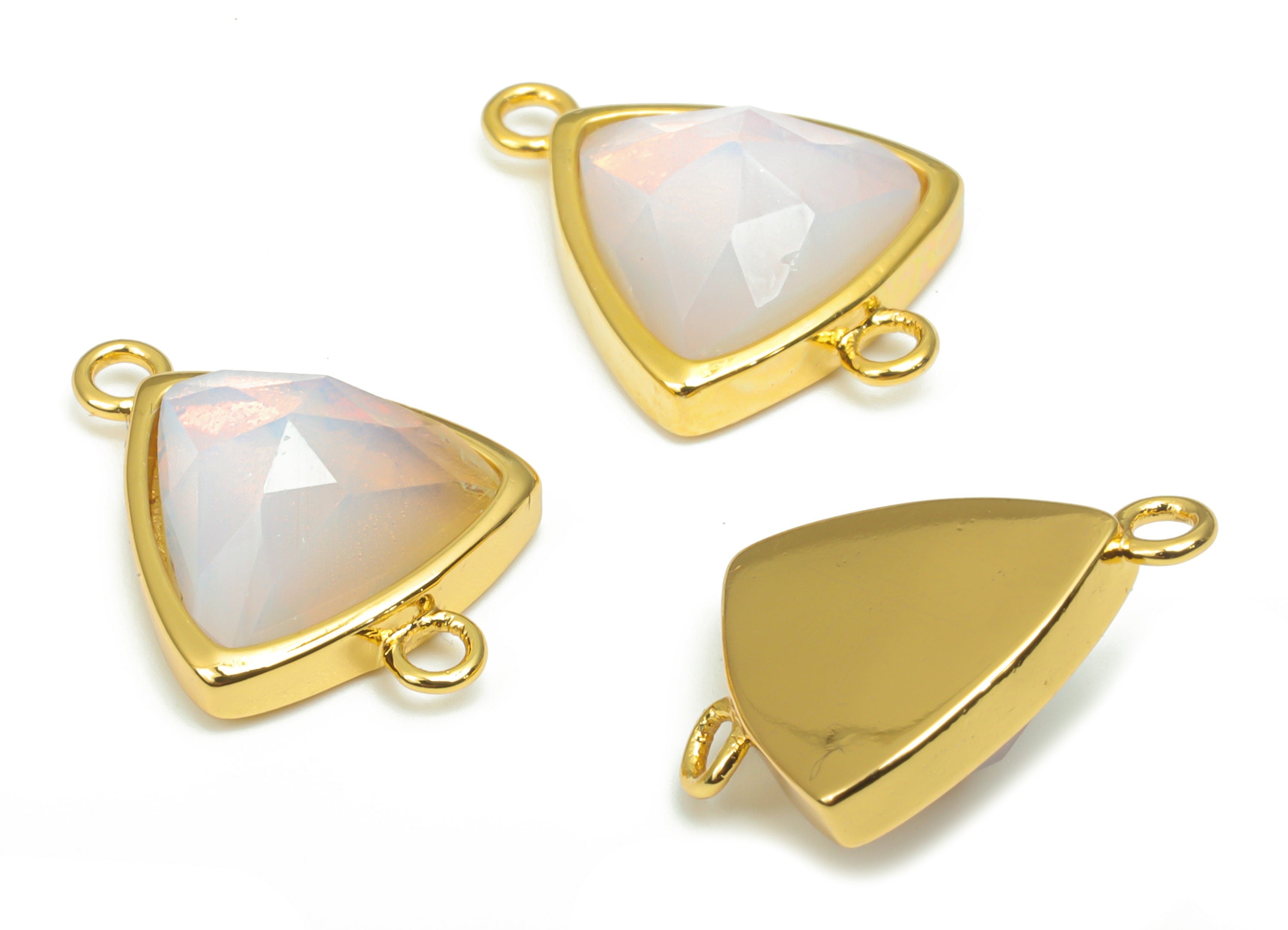 Opalite Faceted Triangle Connectors - 11mm Natural Stone - Brass Triangle Charms - Gold Tone Plated Brass – 16.89x12.29x5.7mm – NS1669E - DOMEDBAZAAR