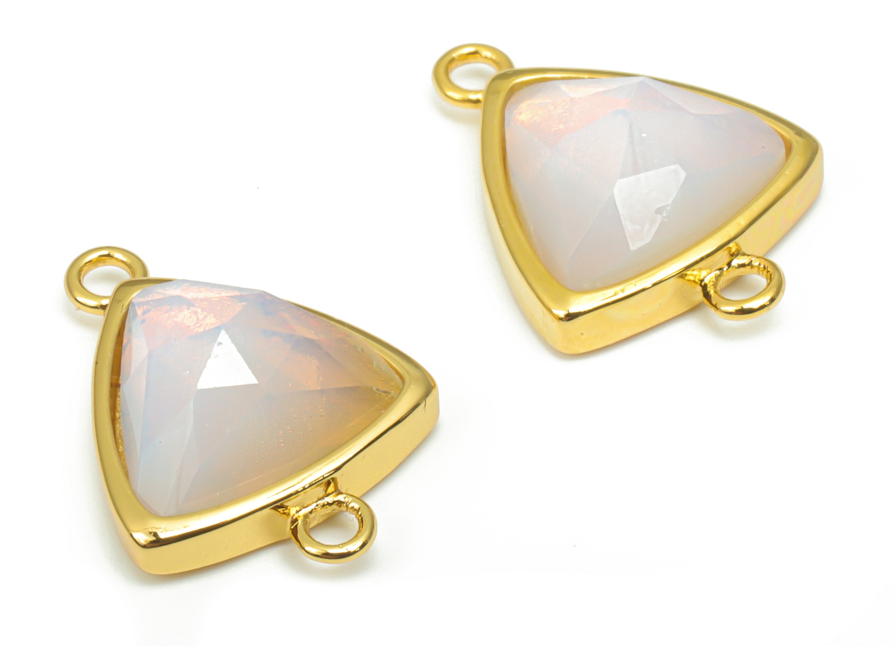 Opalite Faceted Triangle Connectors - 11mm Natural Stone - Brass Triangle Charms - Gold Tone Plated Brass – 16.89x12.29x5.7mm – NS1669E - DOMEDBAZAAR