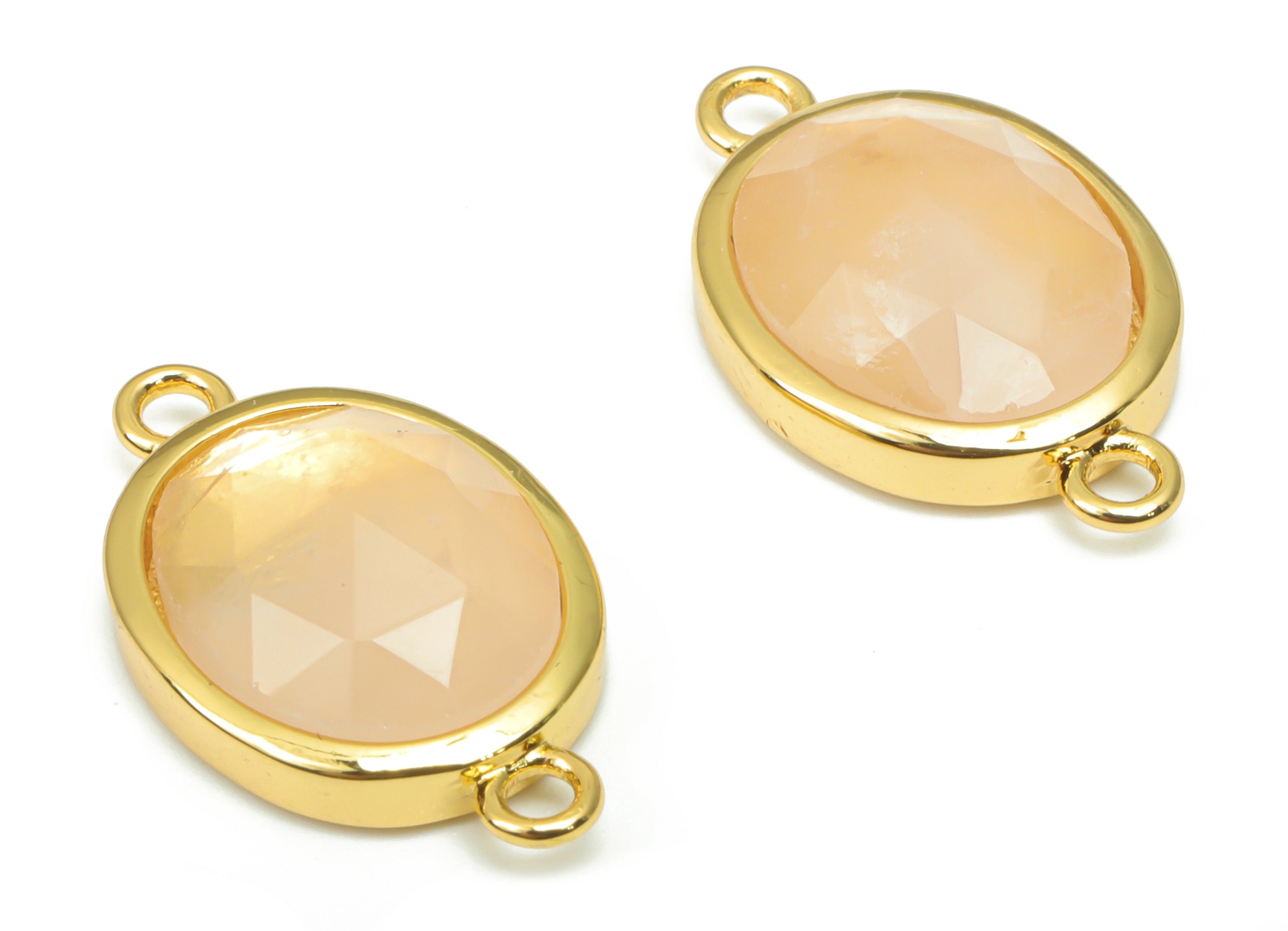 Rose Quartz Faceted Oval Connectors - 10x12mm Natural Stone - Brass Oval Charms - Gold Tone Plated Brass – 18.15x10.95x4.7mm – NS1671D - DOMEDBAZAAR