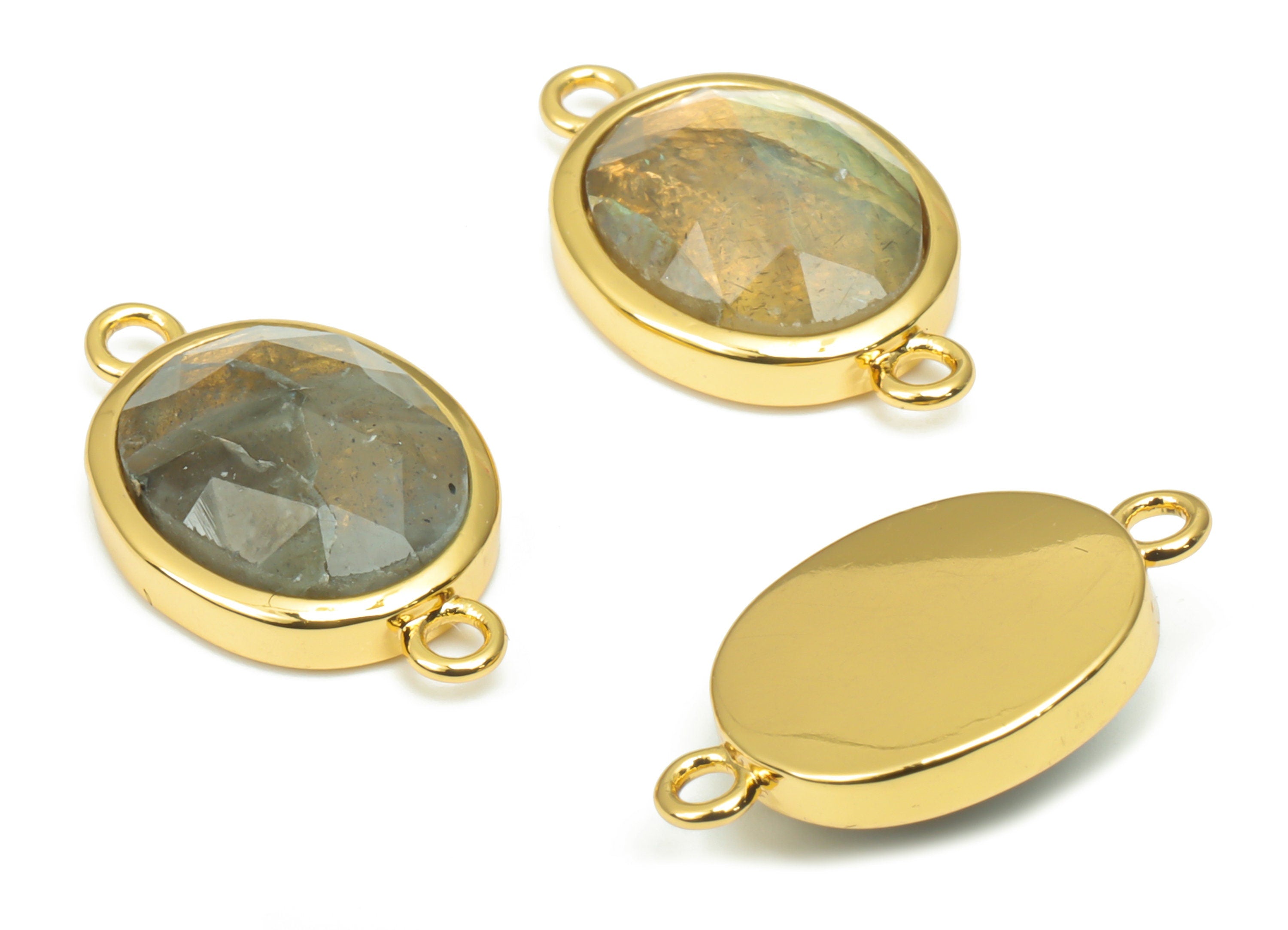 Labradorite Faceted Oval Earring Connectors - 10x12mm Natural Stone - Brass Oval Charms - Gold Tone Plated Brass – 18.15x10.95x4.7mm–NS1671L - DOMEDBAZAAR