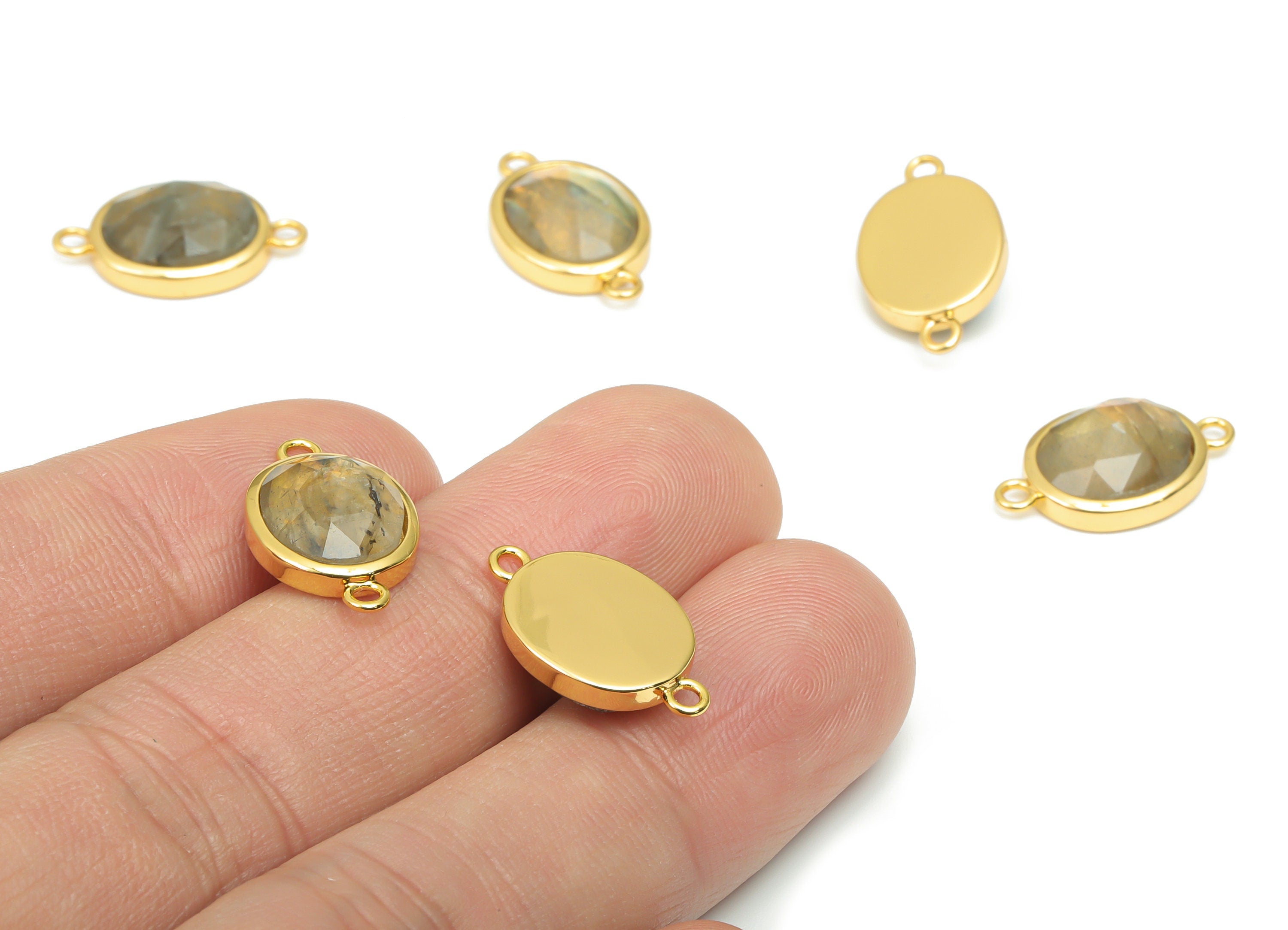 Labradorite Faceted Oval Earring Connectors - 10x12mm Natural Stone - Brass Oval Charms - Gold Tone Plated Brass – 18.15x10.95x4.7mm–NS1671L - DOMEDBAZAAR