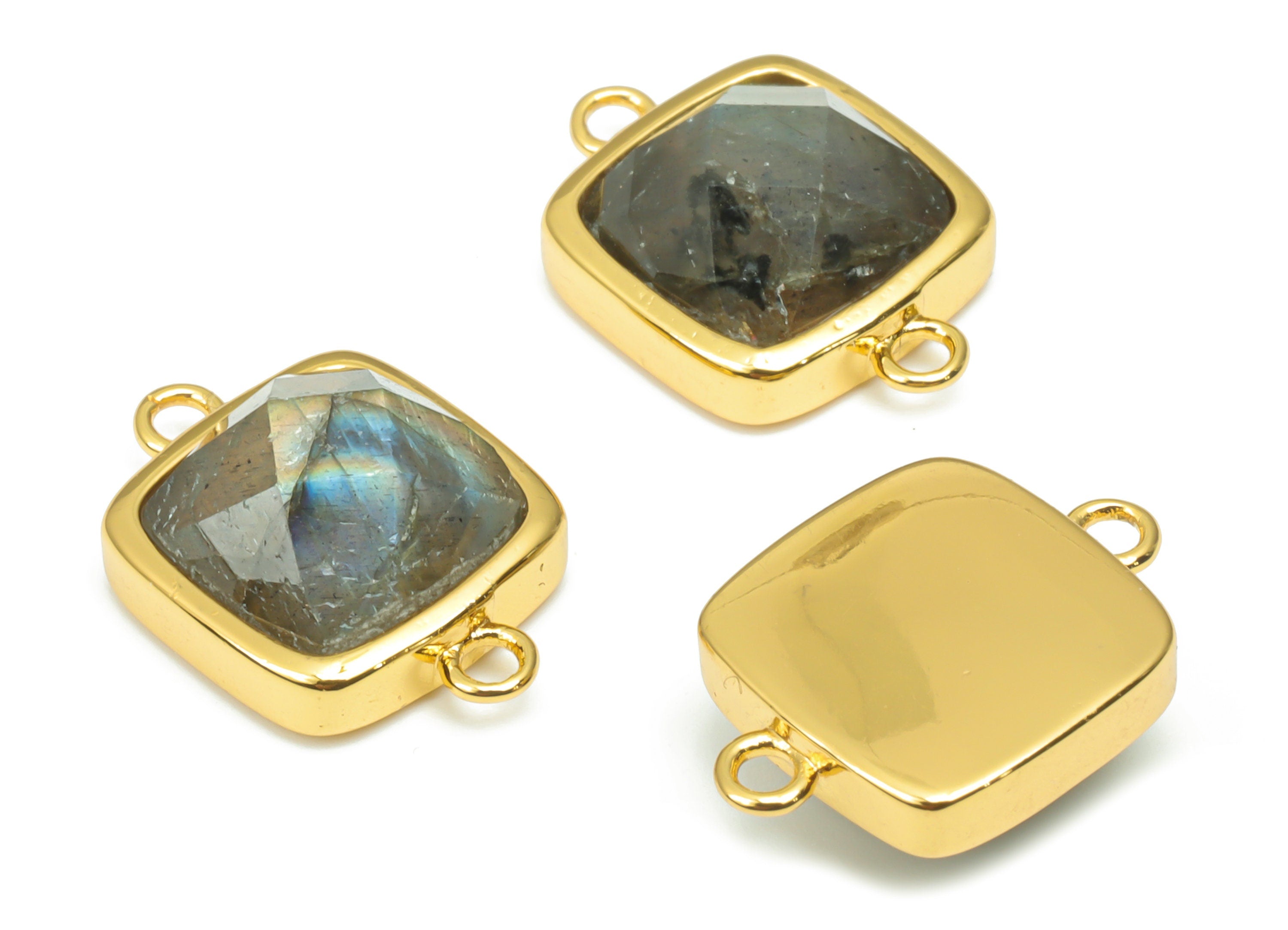 Gray Labradorite Faceted Square Connectors - 11mm Natural Stone - Brass Square Charms - Gold Tone Plated Brass – 16.5x11x5.9mm–NS1673L - DOMEDBAZAAR