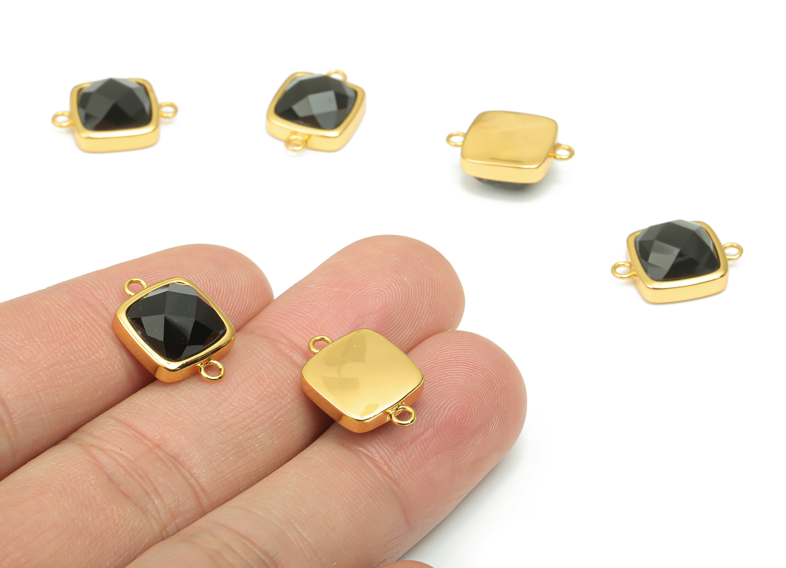 Obsidian Faceted Square Earring Connectors - 11mm Natural Stone - Brass Square Charms - Gold Tone Plated Brass – 16.5x11.44x5.86mm – NS1673C - DOMEDBAZAAR