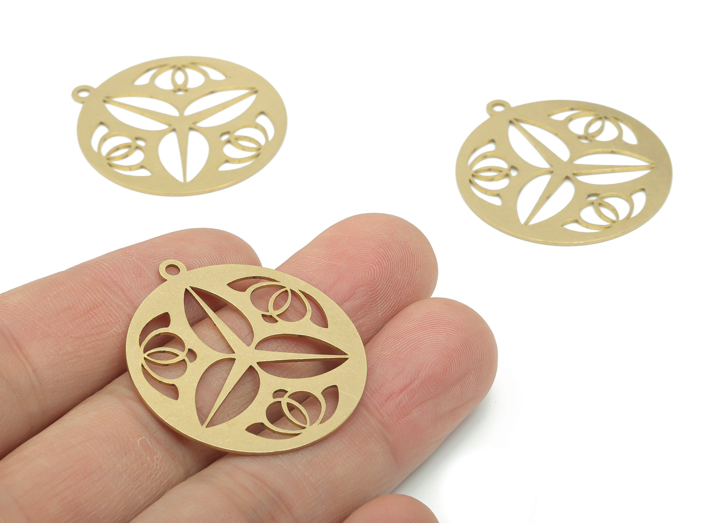Brass Round Lotus Earring Charms - Raw Brass Leaves Circle Pendant - DIY Jewelry Making Supplies - 34.87x31.86x0.65mm - PPA2805 - DOMEDBAZAAR