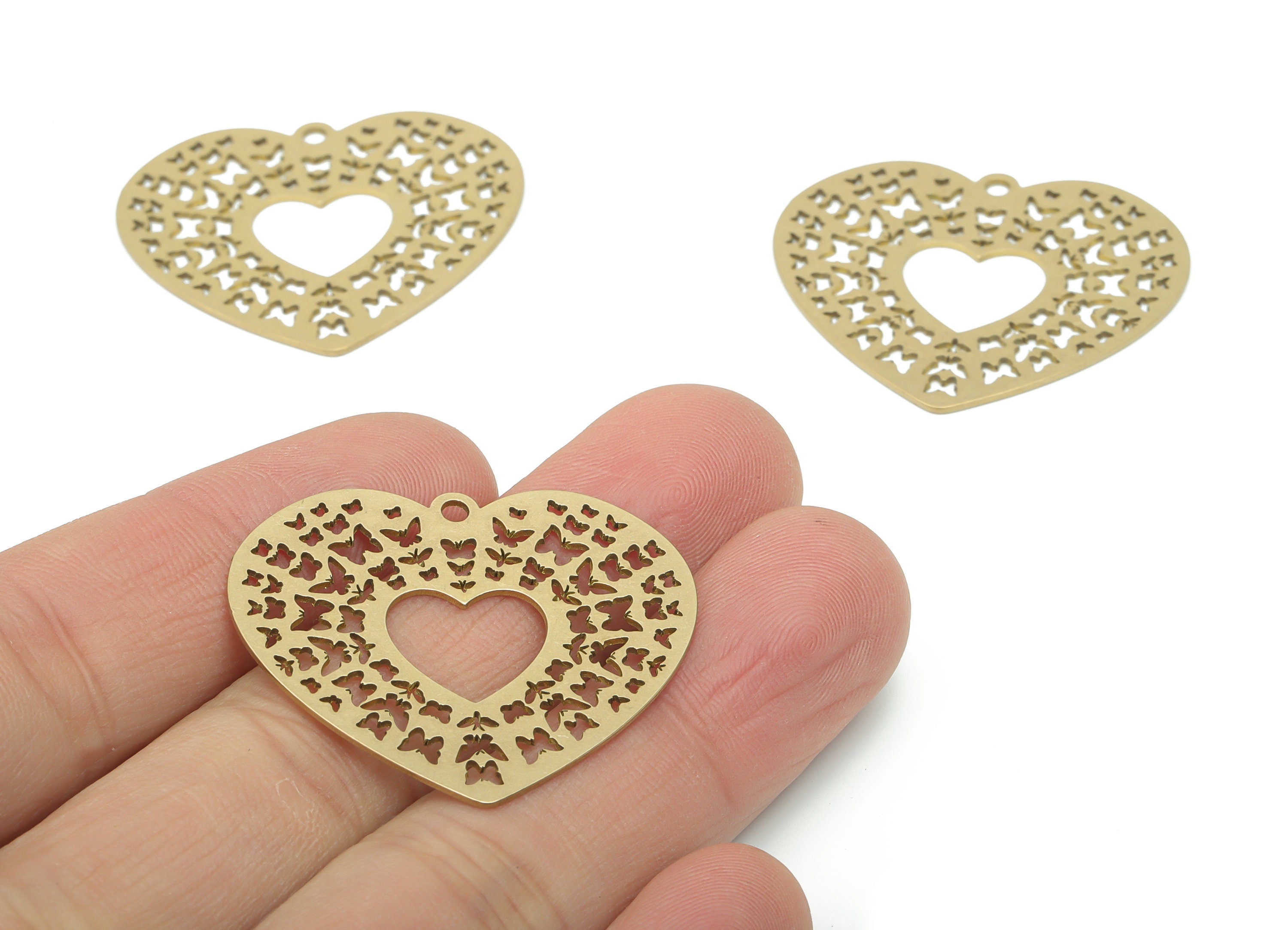 Brass Heart Butterflies Earring Charms - Raw Brass Butterflies Heart Pendant - DIY Jewelry Making Supplies - 35.73x30.77x0.62mm - PPA2896 - DOMEDBAZAAR