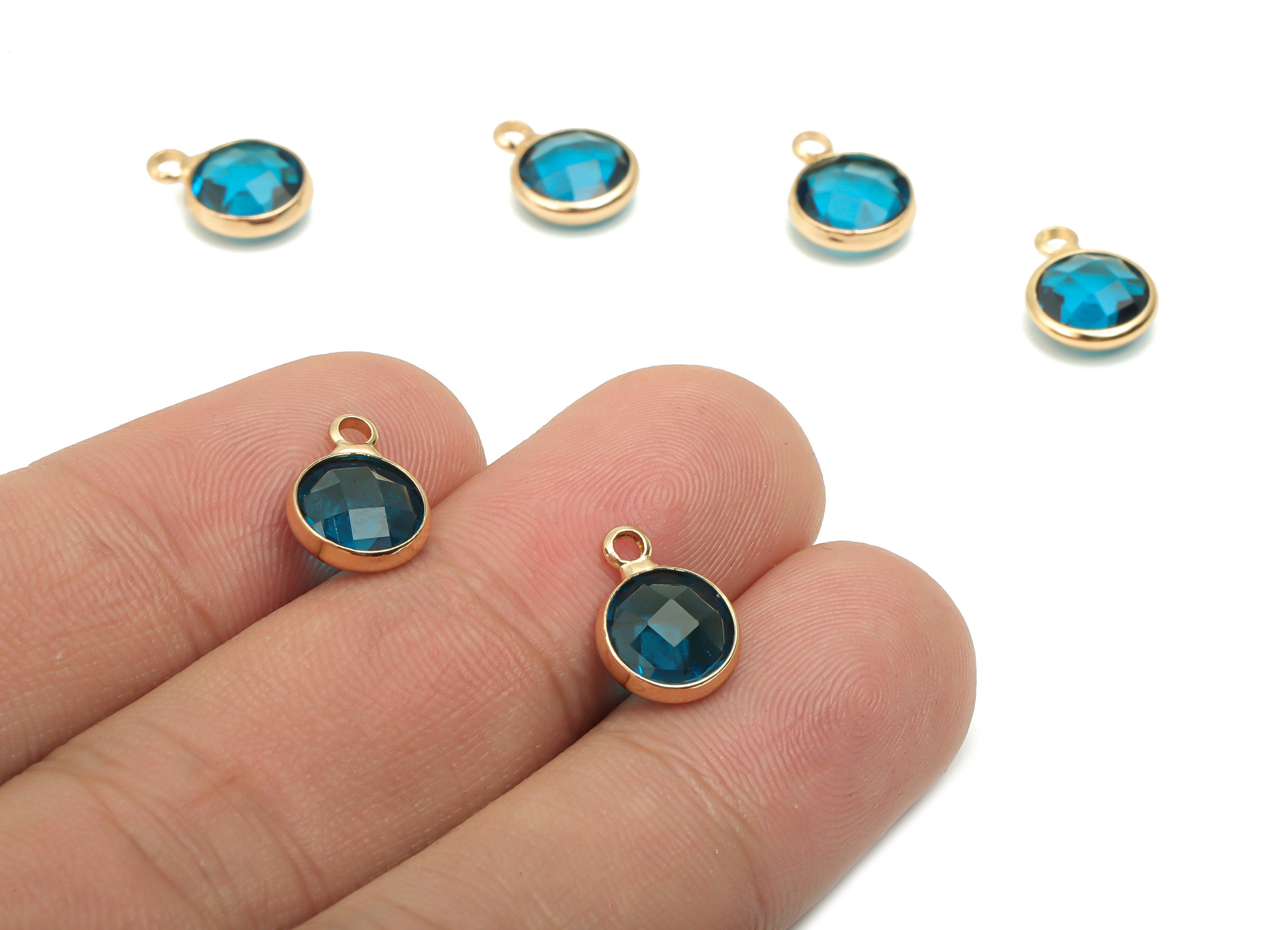 Glass Round Earring Charms With Loop - Brass Circle Frame Pendant - Gold Tone Plated Brass - Faceted Glass - 11.59x8.72x3.75mm - GS1120B - DOMEDBAZAAR