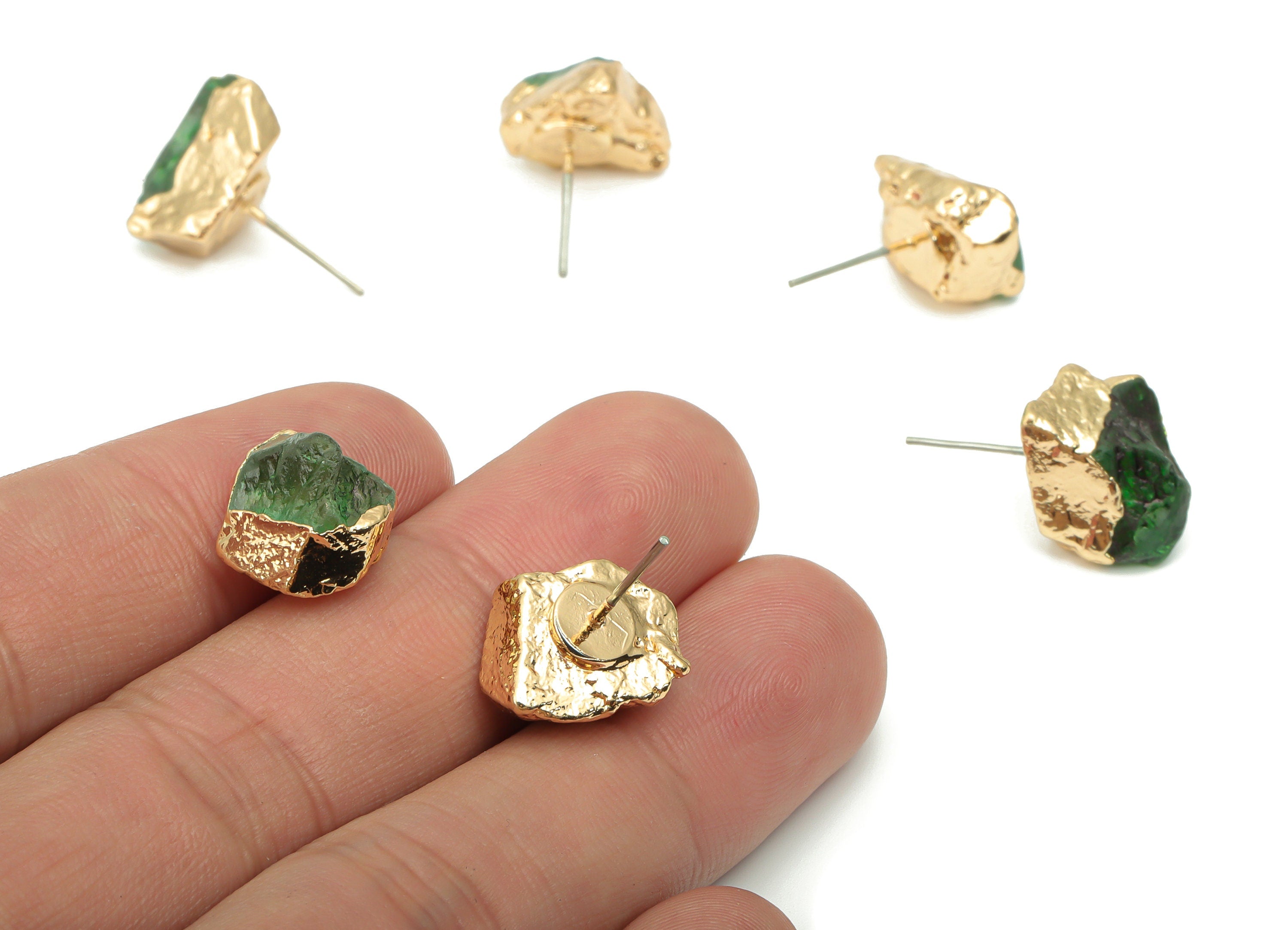 Green Fluonite Raw Stone Earring Stud - Natural Stone Earring Post - Gold Tone Plated Stone – Stainless Steel Stud - 12x11x8mm – NS1741A - DOMEDBAZAAR