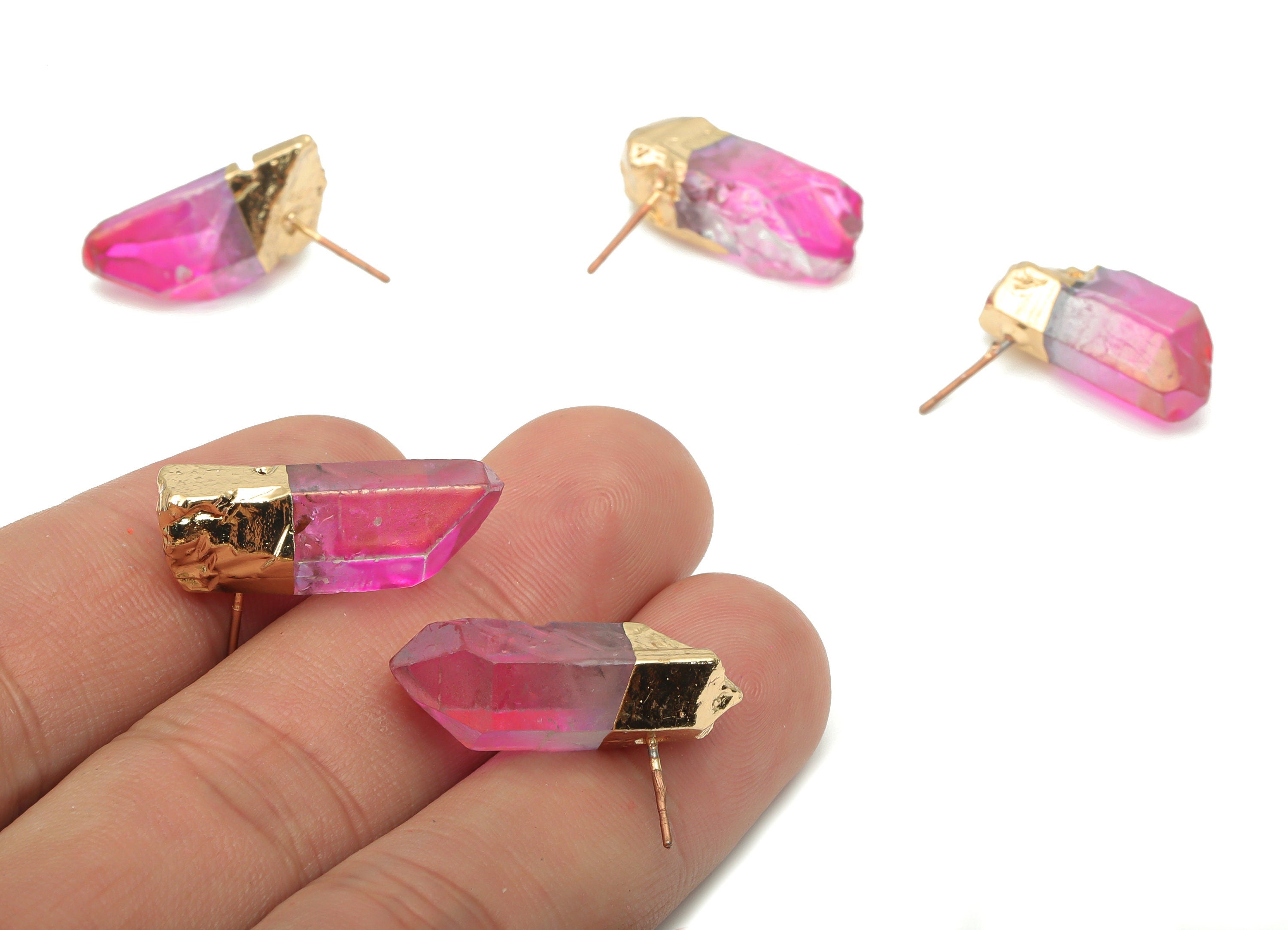 Purple Aura Quartz Crystal Earring Stud - Natural Stone Earring Post - Gold Tone Plated Stone – Stainless Steel Stud - 24x10x10mm–NS1742D - DOMEDBAZAAR