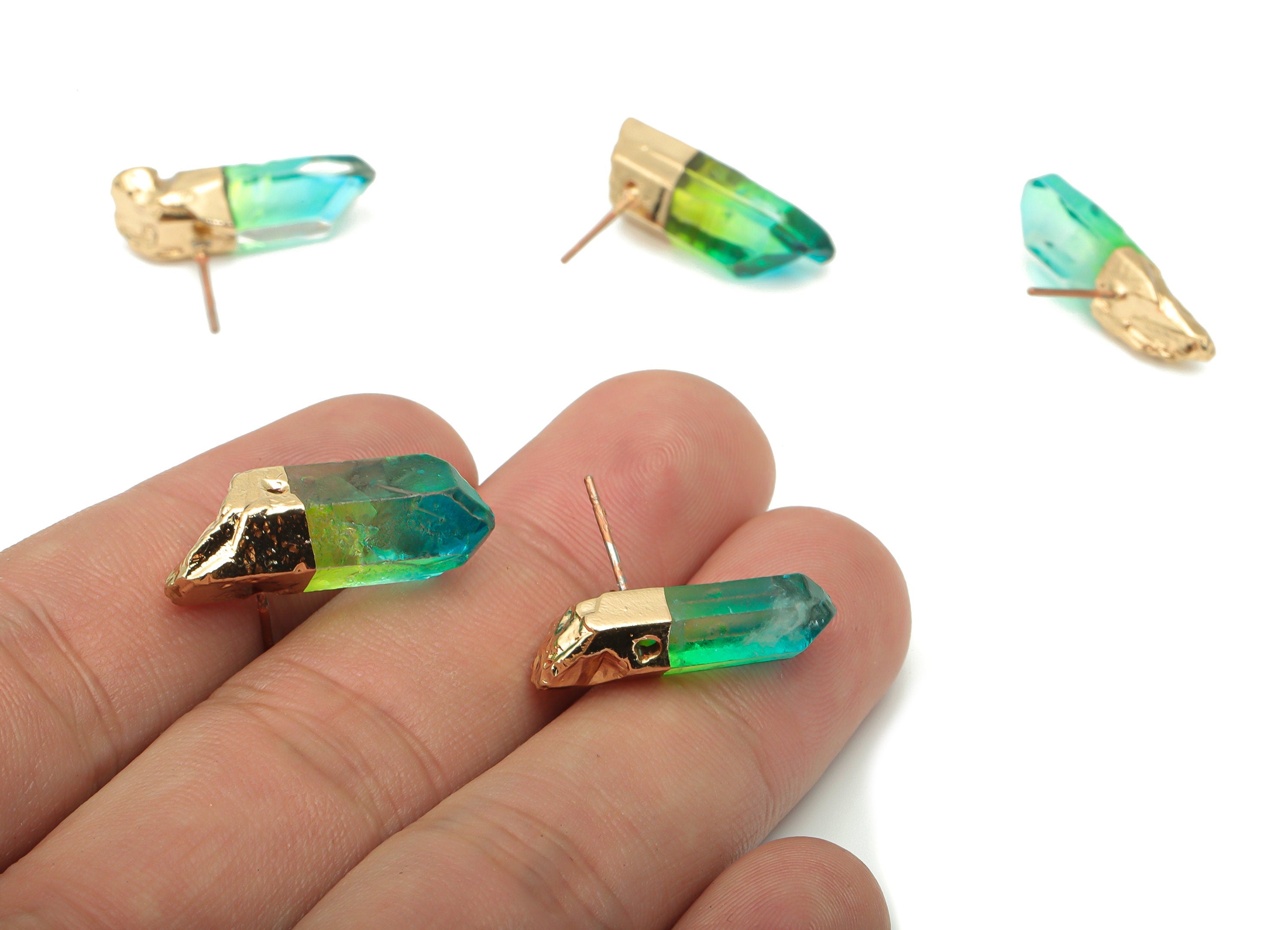 Green Aura Quartz Crystal Earring Stud - Natural Stone Earring Post - Gold Tone Plated Stone – Stainless Steel Stud - 24x8x8mm – NS1742A - DOMEDBAZAAR
