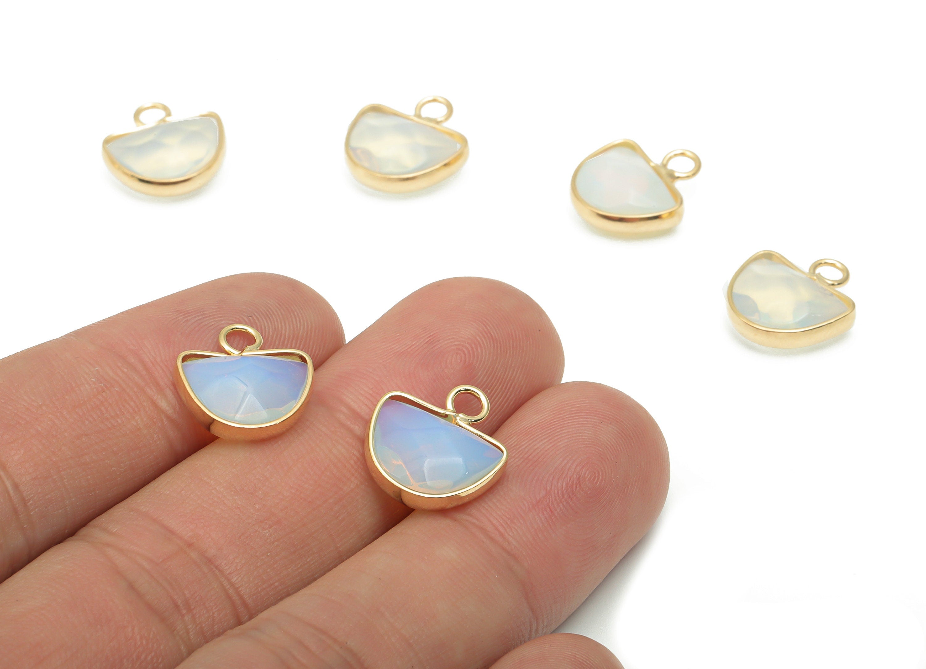Opal Domed Earring Charms - Brass Half Moon Domed Pendant - Faceted Natural Stone - Gold Tone Plated Brass – 14.21x13.34x5.08mm – NS1753A - DOMEDBAZAAR