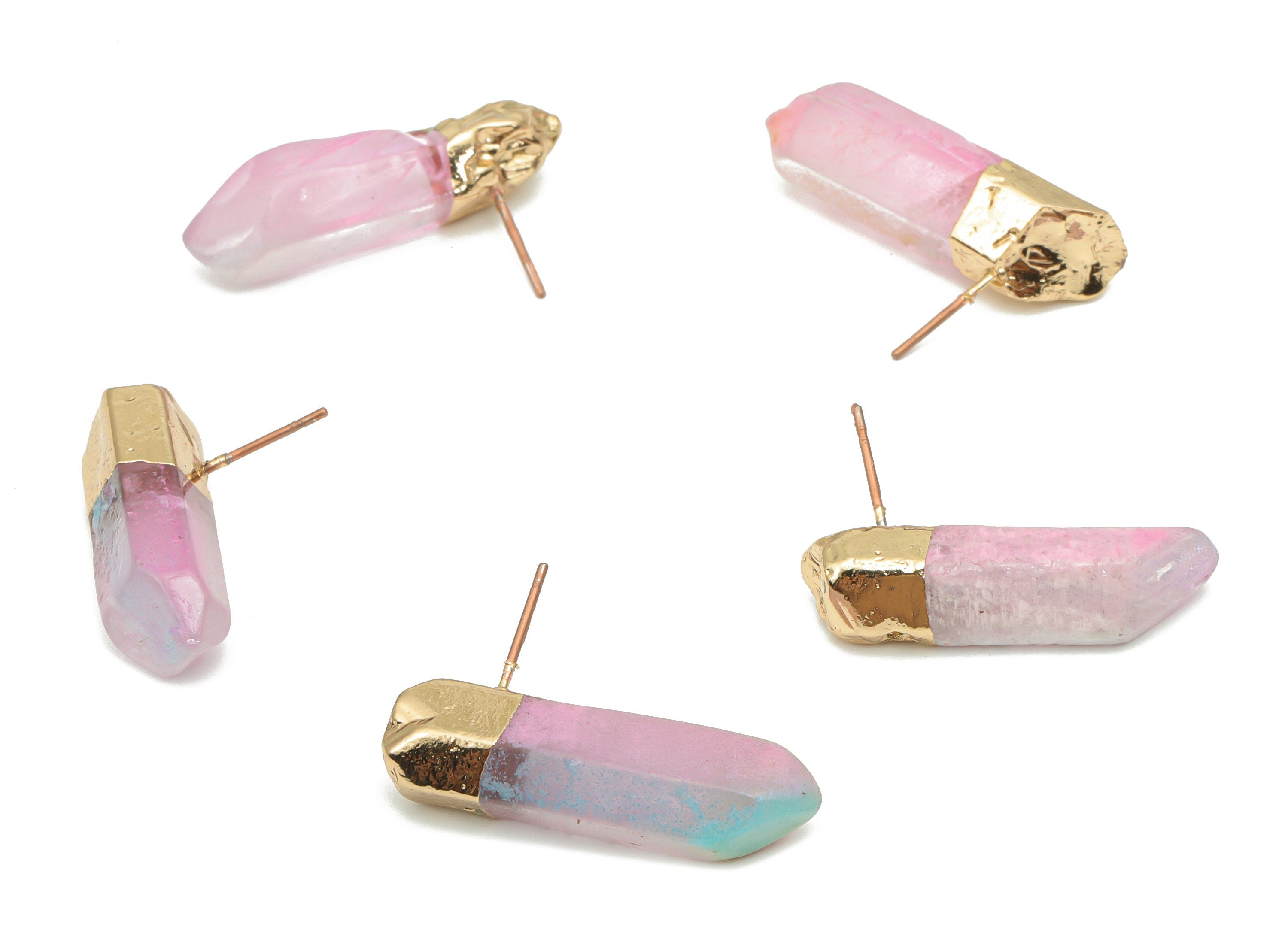 Rainbow Aura Quartz Crystal Earring Stud - Natural Stone Earring Post - Gold Tone Plated Stone – Stainless Steel Stud - 27x9x7mm –NS1742C - DOMEDBAZAAR