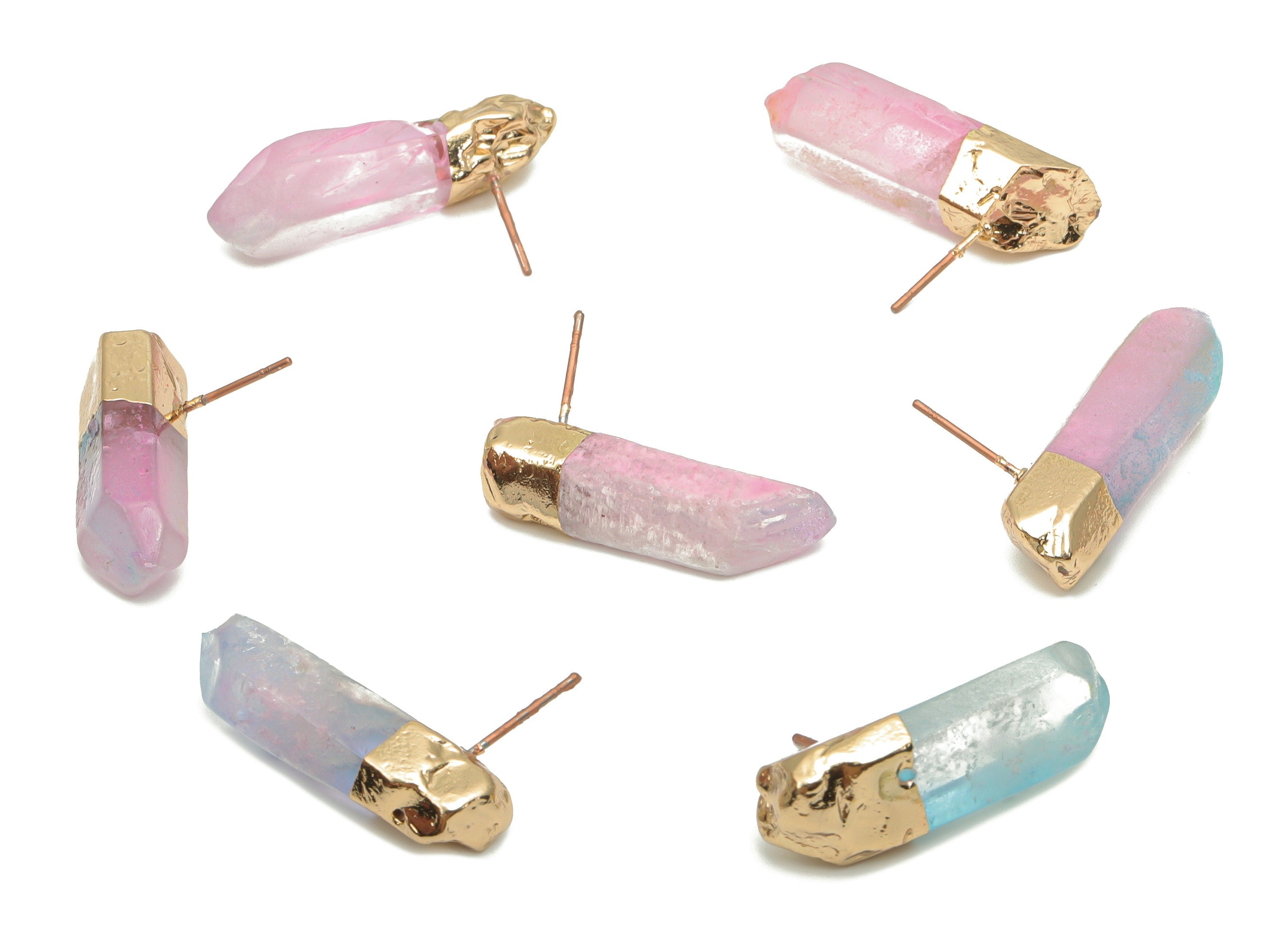 Rainbow Aura Quartz Crystal Earring Stud - Natural Stone Earring Post - Gold Tone Plated Stone – Stainless Steel Stud - 27x9x7mm –NS1742C - DOMEDBAZAAR