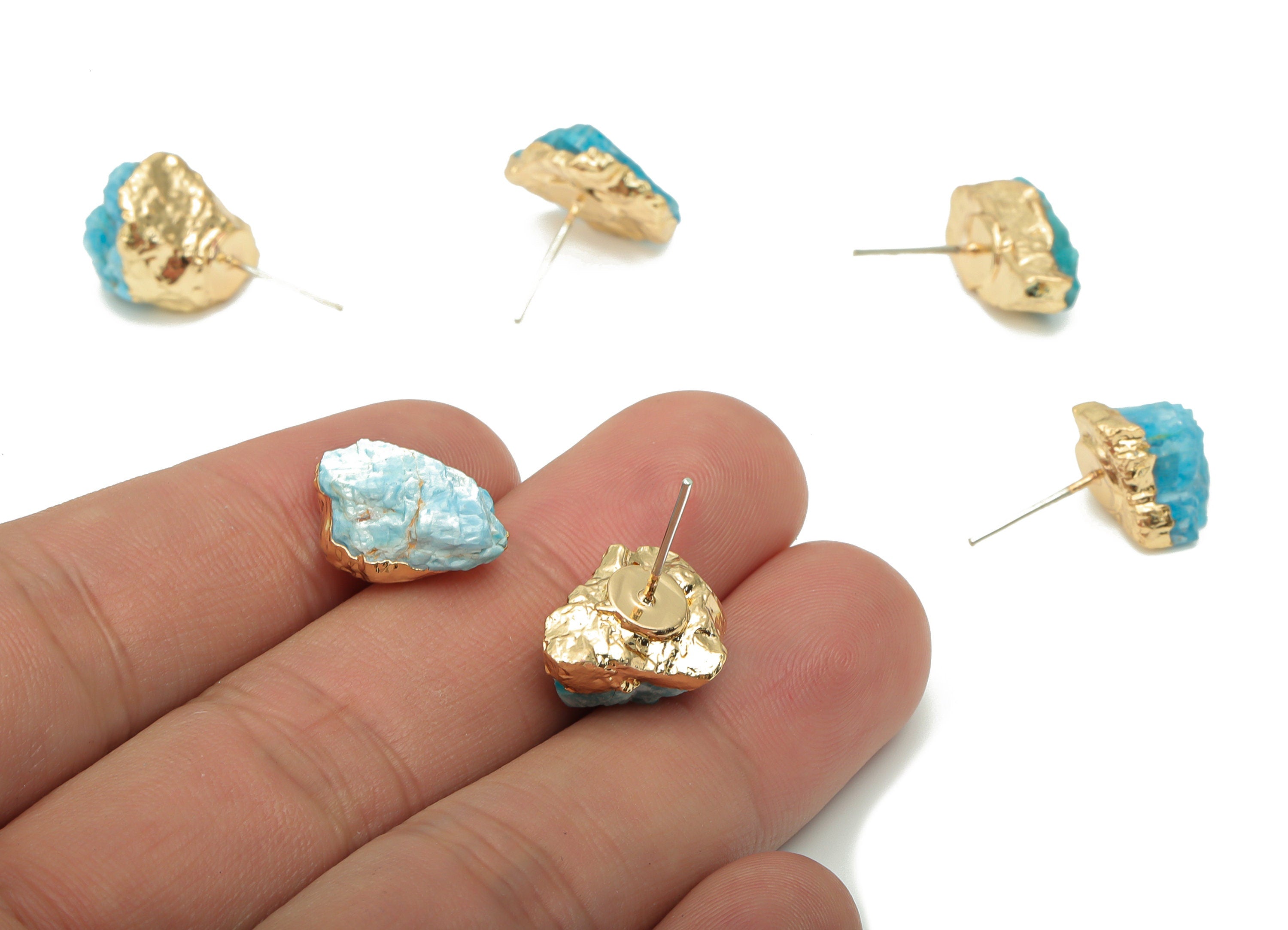 Blue Apatite Raw Stone Earring Stud - Natural Stone Earring Post - Gold Tone Plated Stone – Stainless Steel Stud - 17.2x13x10mm – NS1741B - DOMEDBAZAAR