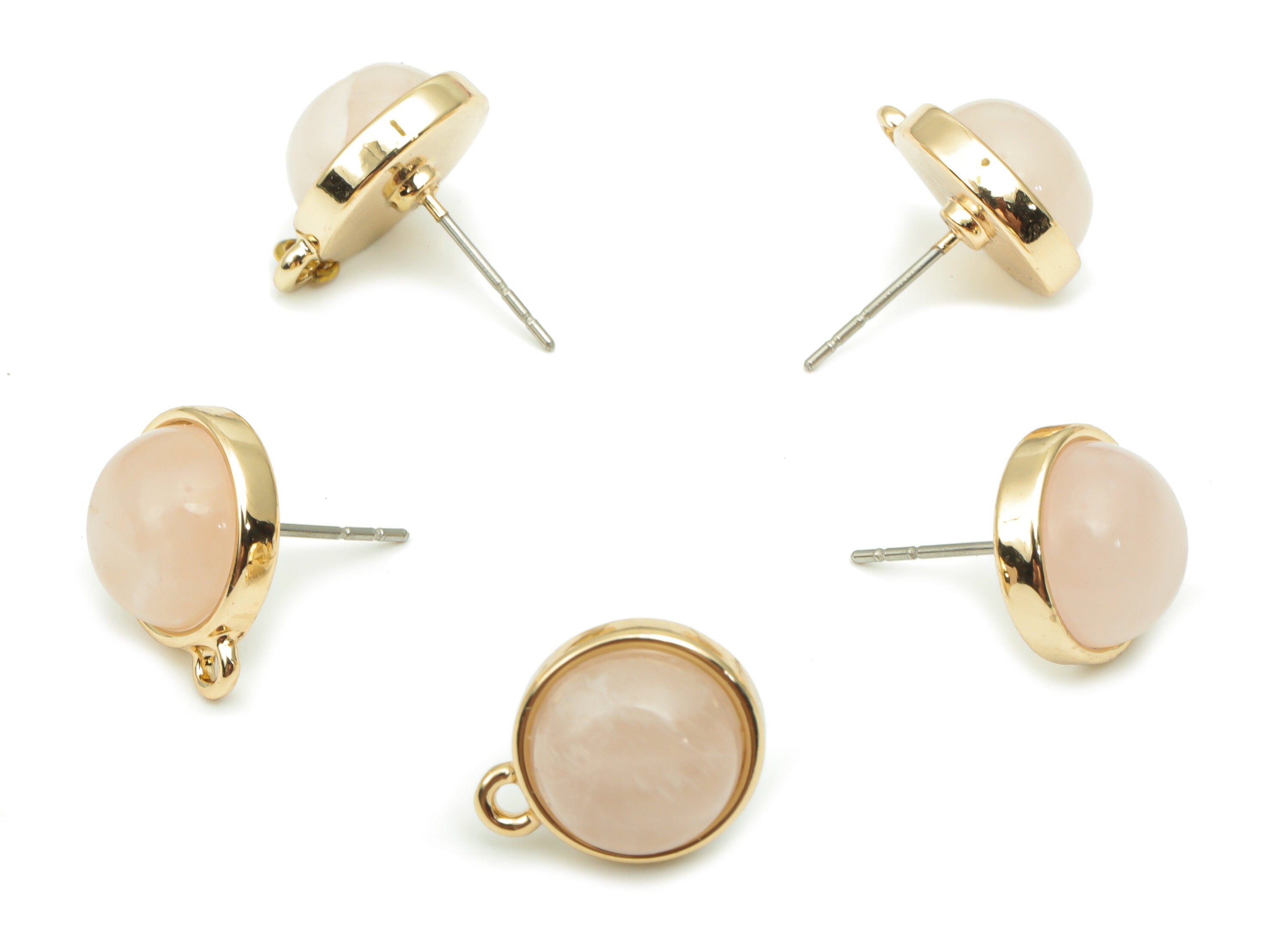 Rose Quartz Crystal Stud - Brass Circle Earring Post - Natural Stone - Gold Tone Plated Brass – Stainless Steel Stud - 14.7x12x8mm – NS1749 - DOMEDBAZAAR