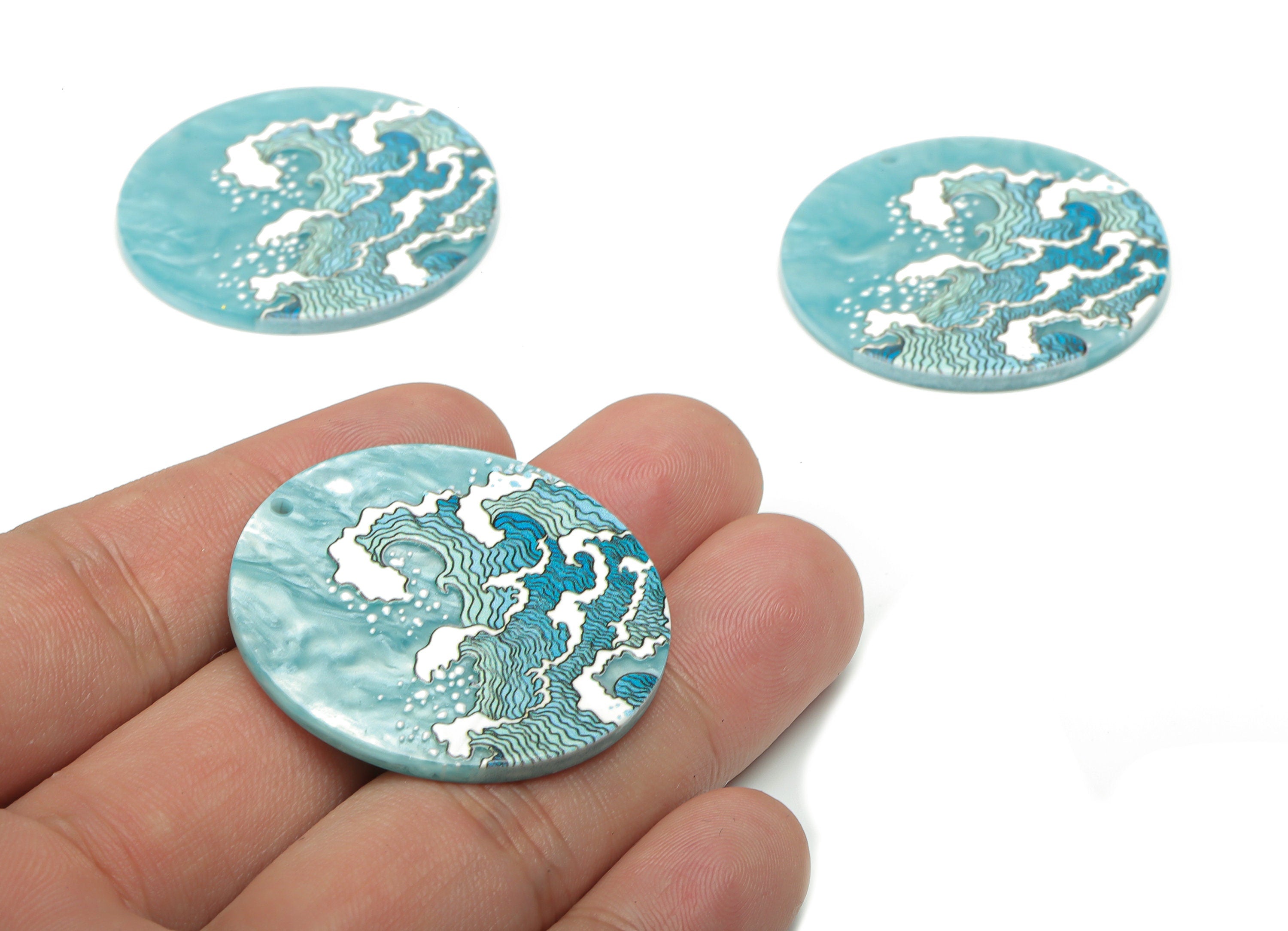 Acrylic Round Swallow Big Waves Charms - Acrylic Waves Circle Pendant - Printing Textured - Jewelry Supplies - 37.6x37.6x2.3mm - AC2477A - DOMEDBAZAAR