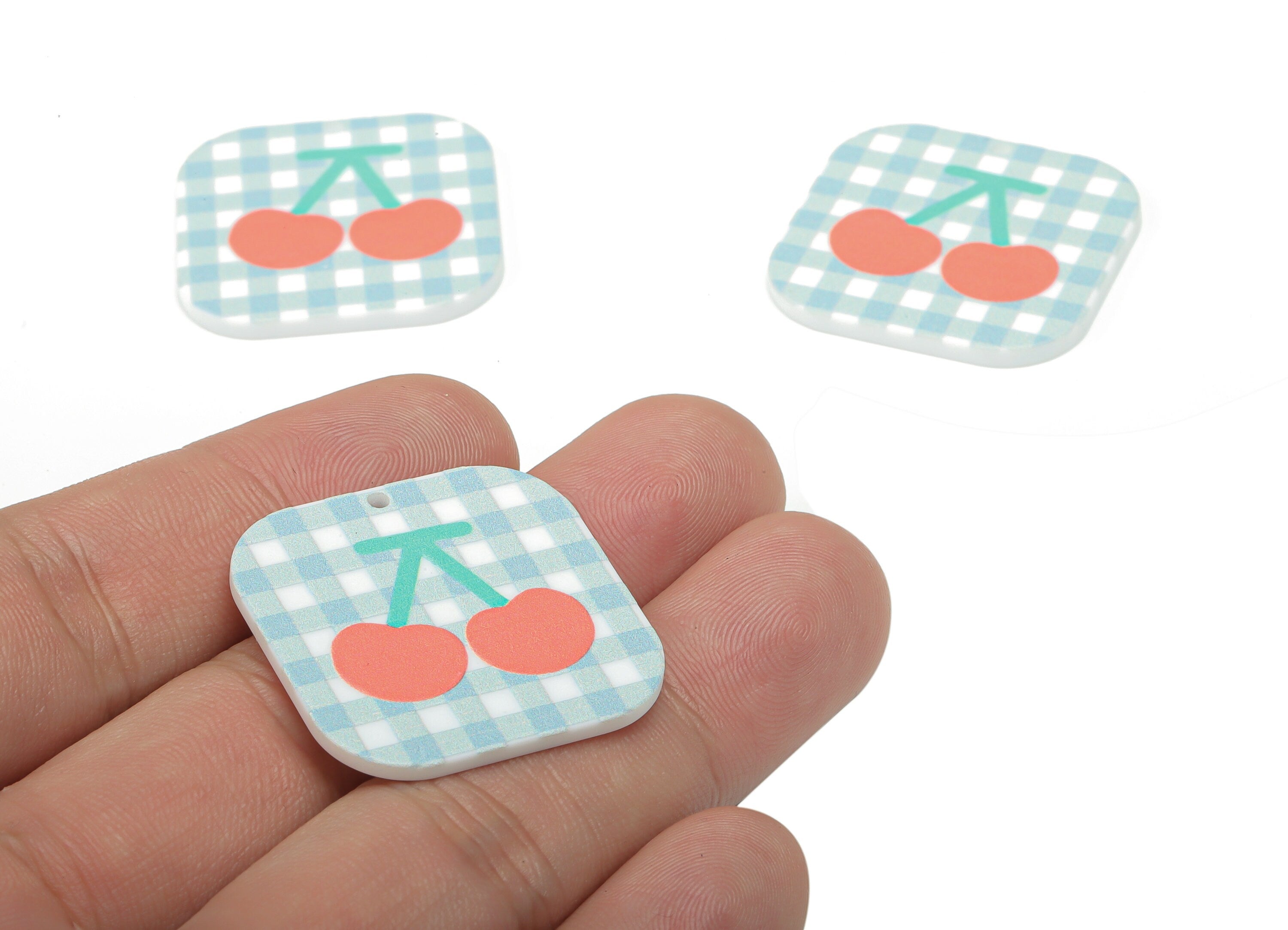 Acrylic Square Lattice Cherry Earring Charms - Acrylic Square Plaid Pattern Cherry Pendant - Printing Textured - 29.8x30x2.3mm- AC2480B - DOMEDBAZAAR