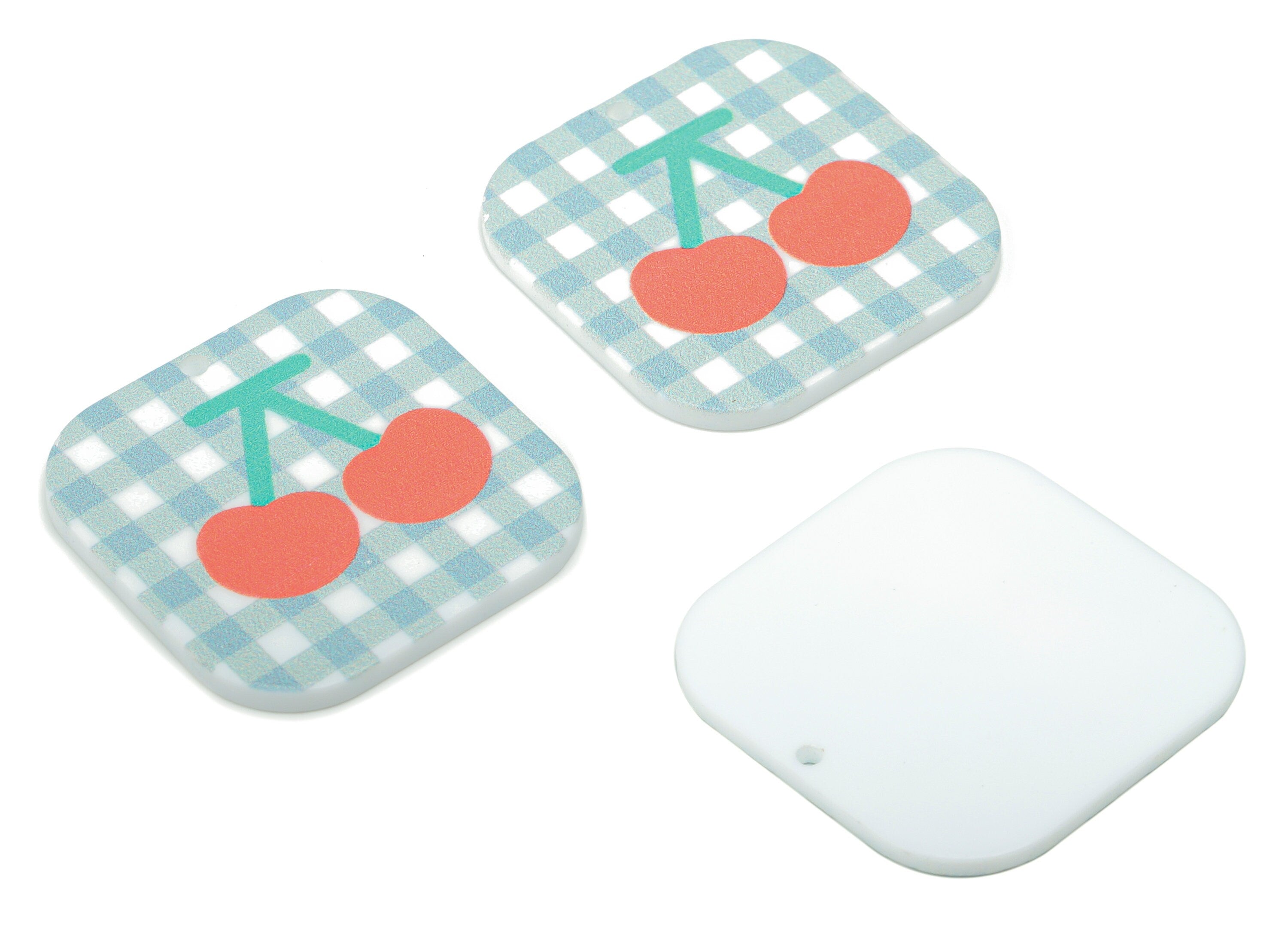 Acrylic Square Lattice Cherry Earring Charms - Acrylic Square Plaid Pattern Cherry Pendant - Printing Textured - 29.8x30x2.3mm- AC2480B - DOMEDBAZAAR