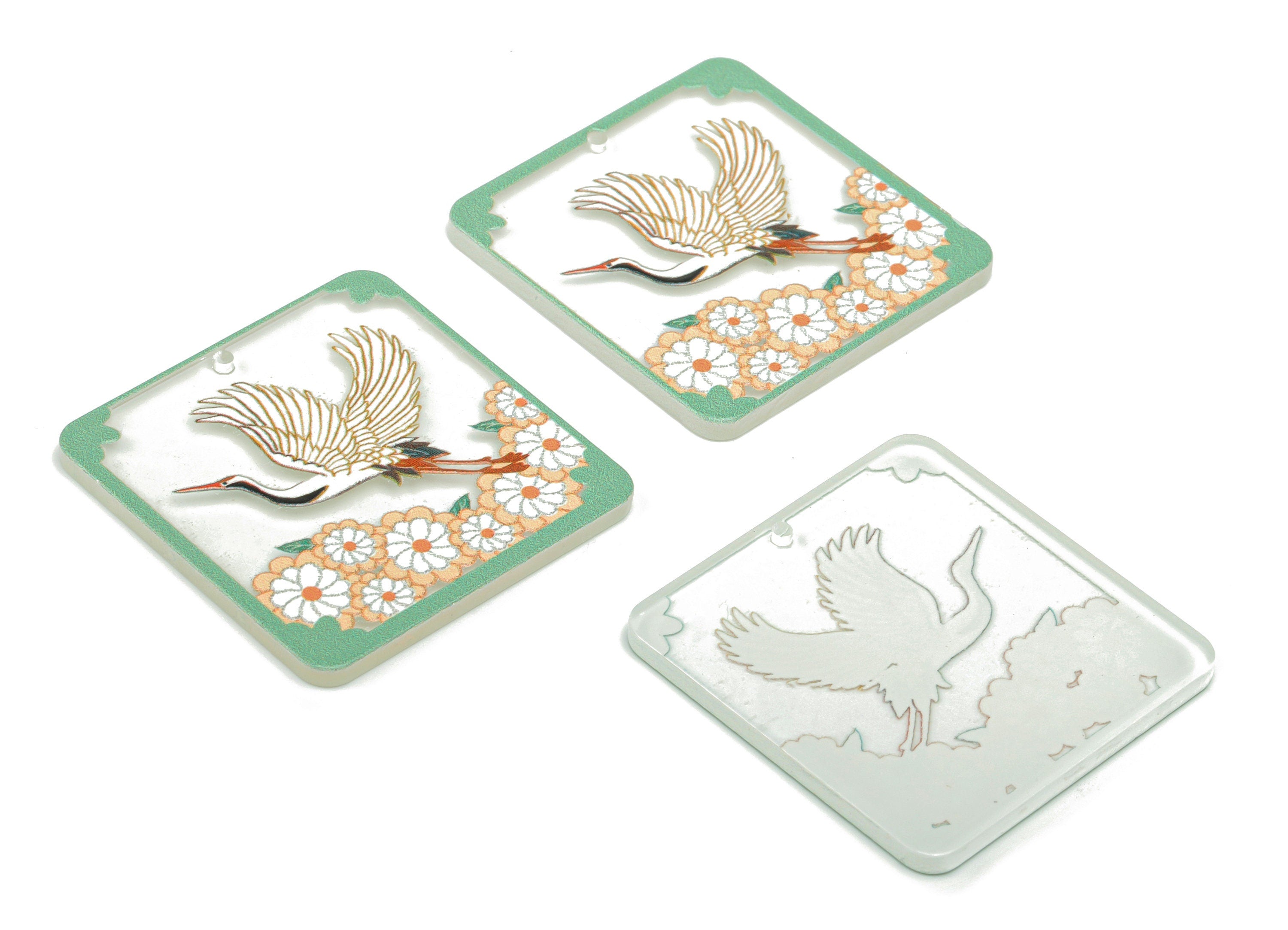 Acrylic Square Crane Flower Earring Charms - Acrylic Painting Square Bird Leaf Pendant - Printing Textured - 34.83x34.76x2.24mm - AC2475C - DOMEDBAZAAR