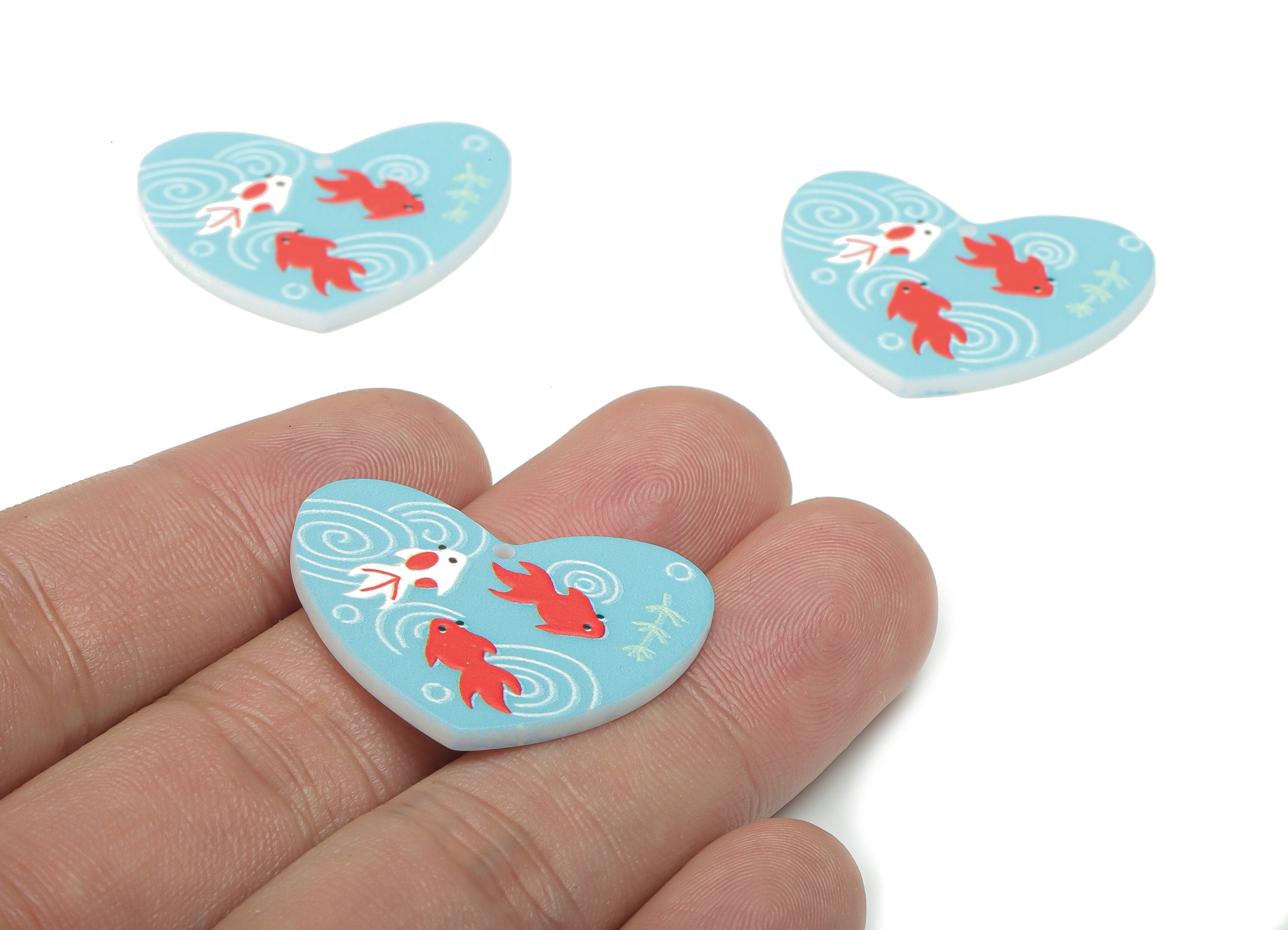 Acrylic Heart Carp Earring Charms - Acrylic Fish Grass Heart Pendant - Printing Textured - Jewelry Supplies - 31.43x23.84x2.21mm - AC2472 - DOMEDBAZAAR
