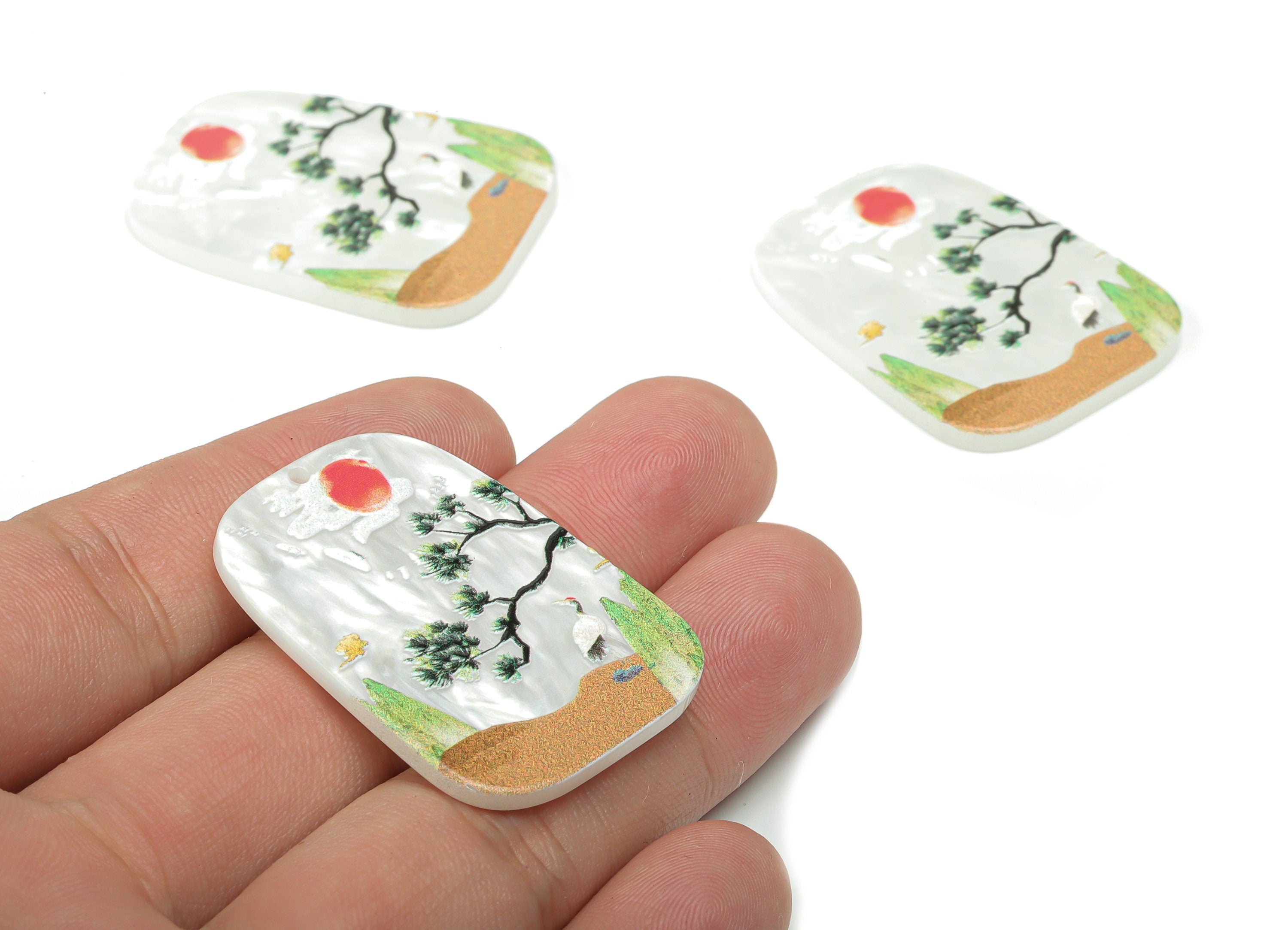 Acrylic Rectangle Sun Pine Tree Earring Charms - Acrylic Crane Cloud Mountain Pendant - Printing Textured - 39.53x29.48x2.41mm - AC2478B - DOMEDBAZAAR