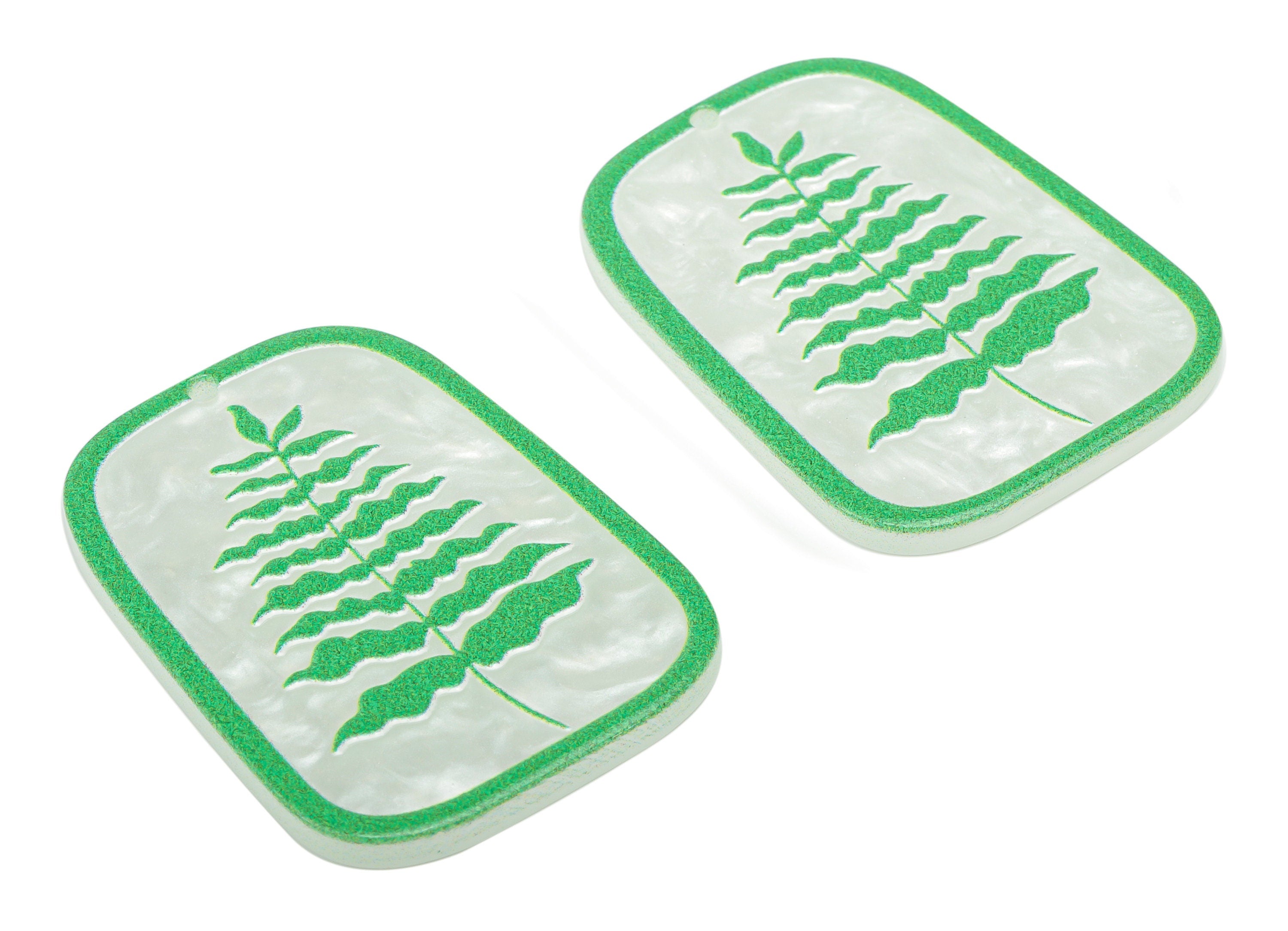 Acrylic Rectangle Pine Tree Leaf Earring Charms - Ivory Acrylic Leaves Rectangle Pendant - Printing Textured - 40x30x2mm - AC2478A - DOMEDBAZAAR