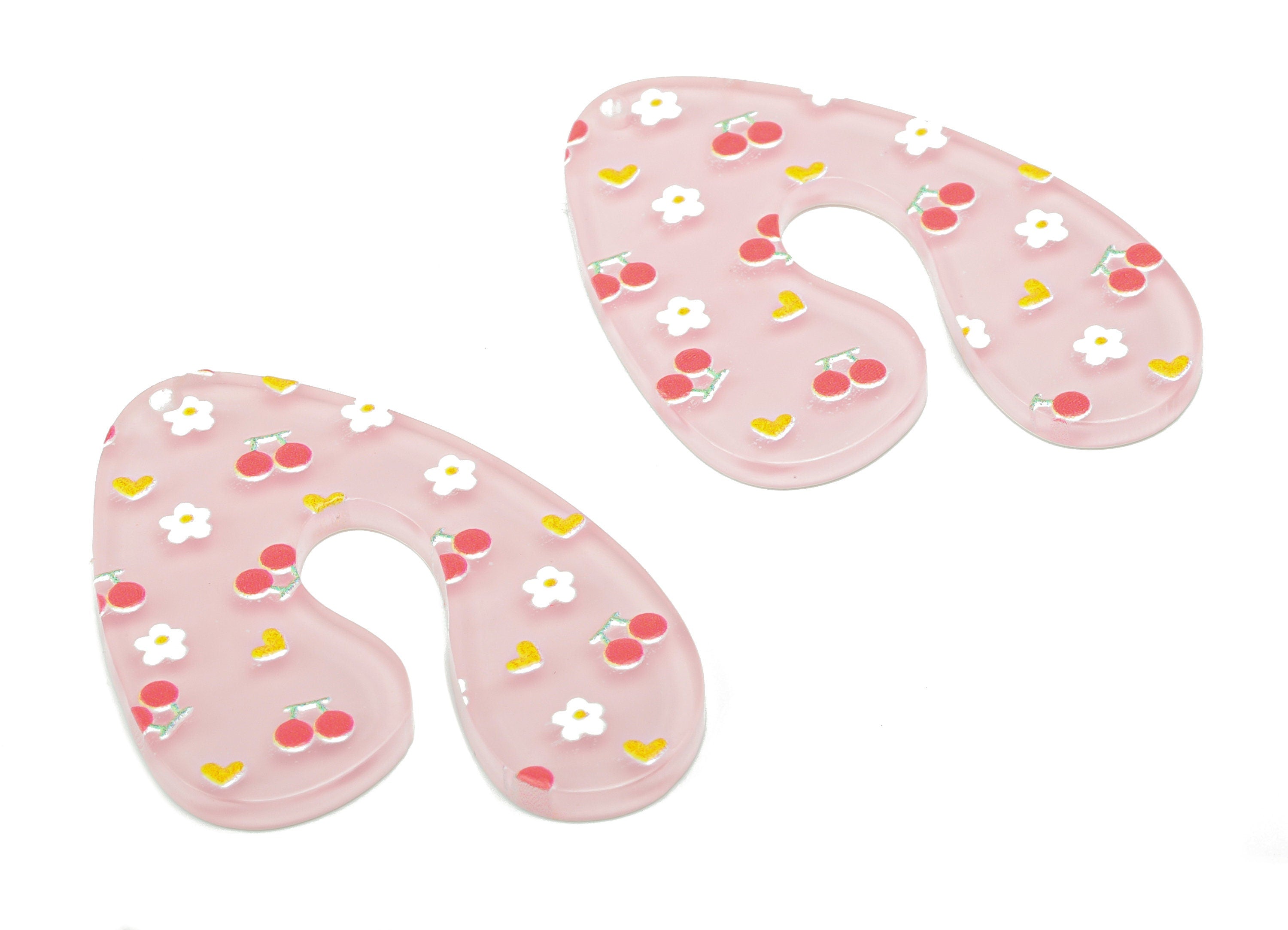 Acrylic U Flower Heart Earring Charms - Acrylic Cherry U Pendant - Printing Textured - Jewelry Making Supplies - 40.49x30x2.42mm - AC2469C - DOMEDBAZAAR