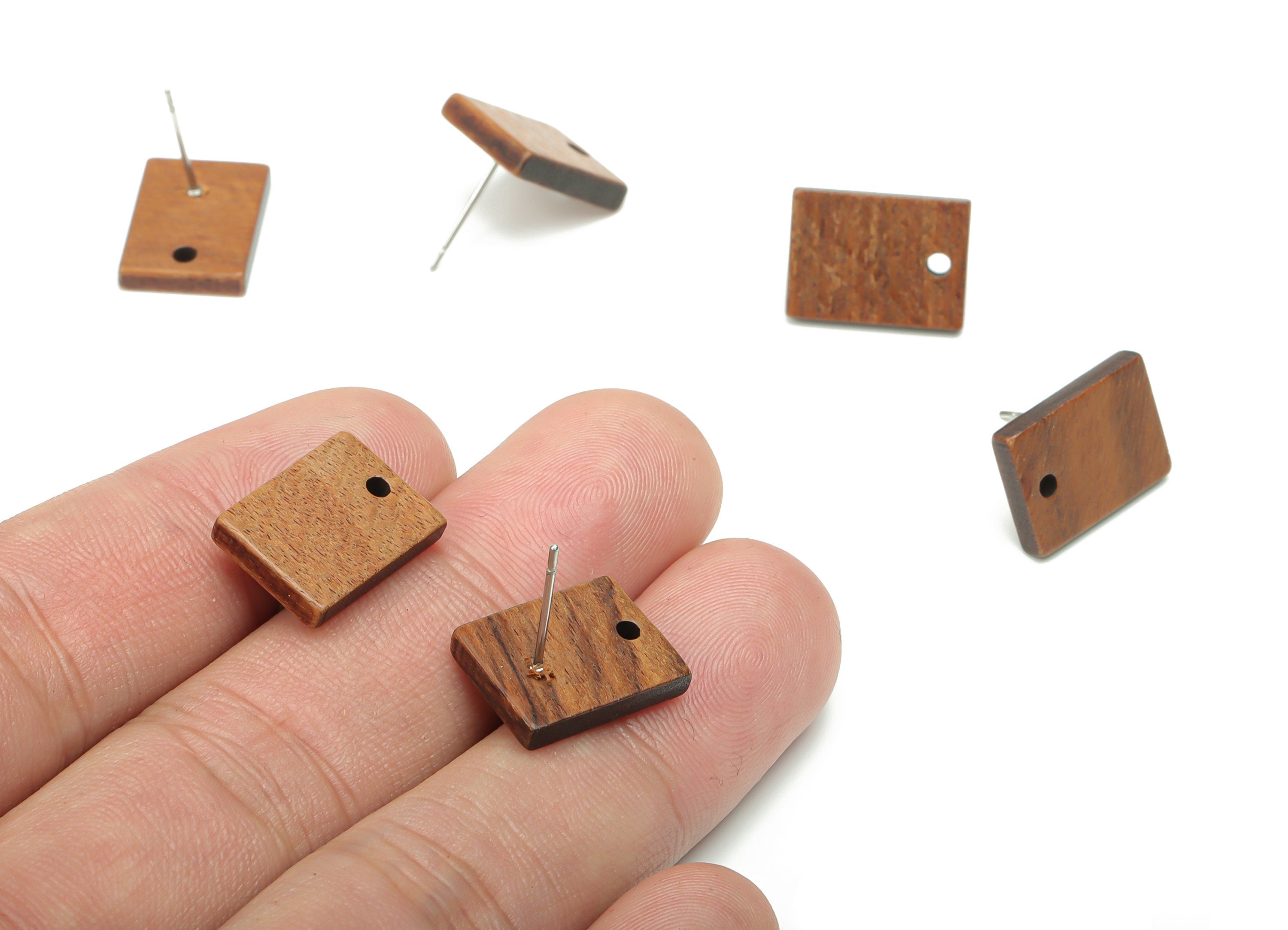 Walnut Wood Rectangle Earring Stud - Walnut Wood Rectangle Post - 316 Surgical Stainless Steel - Jewelry Supplies - 15.2x11.2x2.8mm - BB1238 - DOMEDBAZAAR