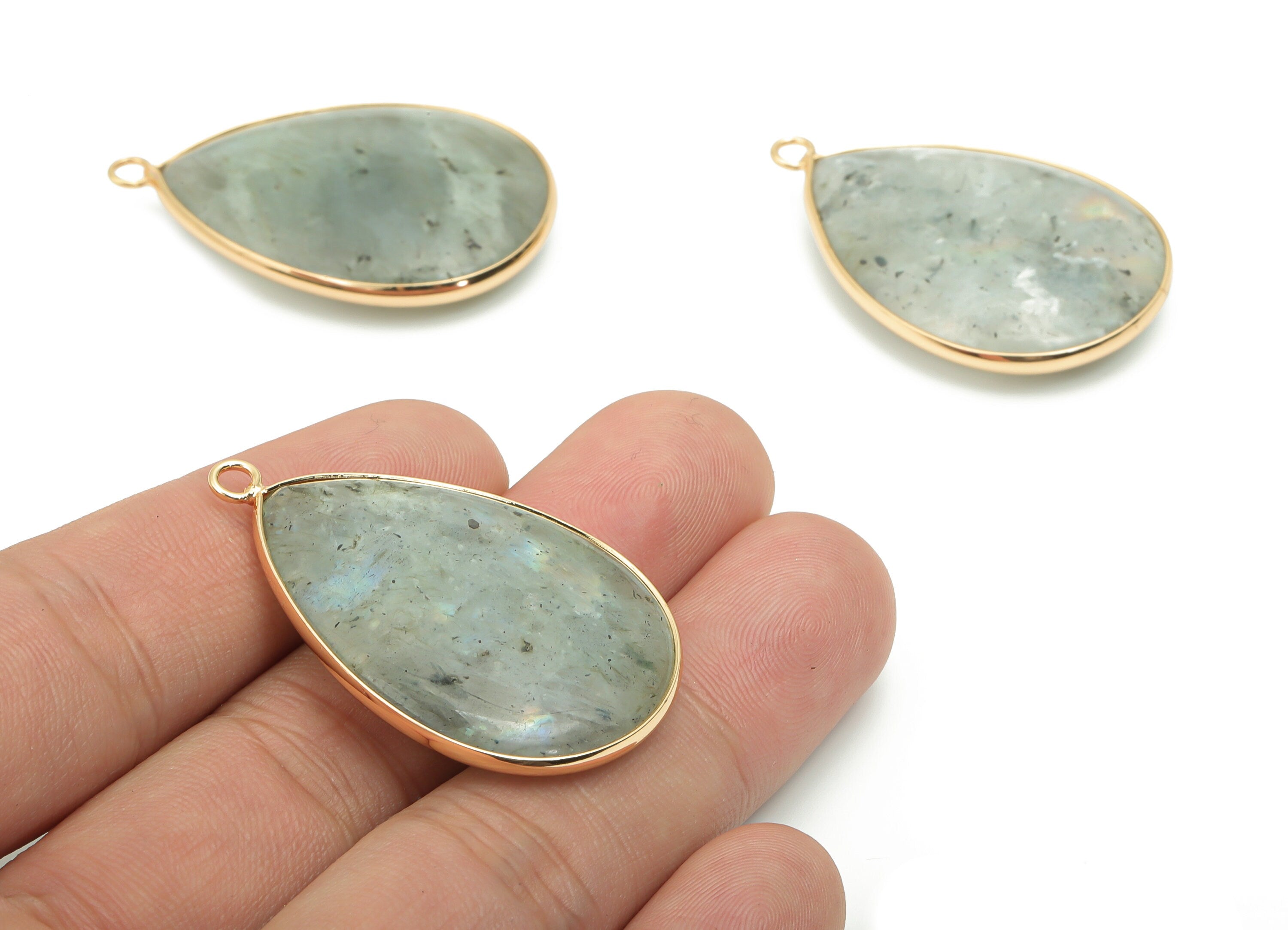 Labradorite Drop Earring Charms - Brass Teardrop Pendant - Natural Stone - Gold Tone Plated Brass – 40.73x26.23x7.56mm – NS1773B - DOMEDBAZAAR